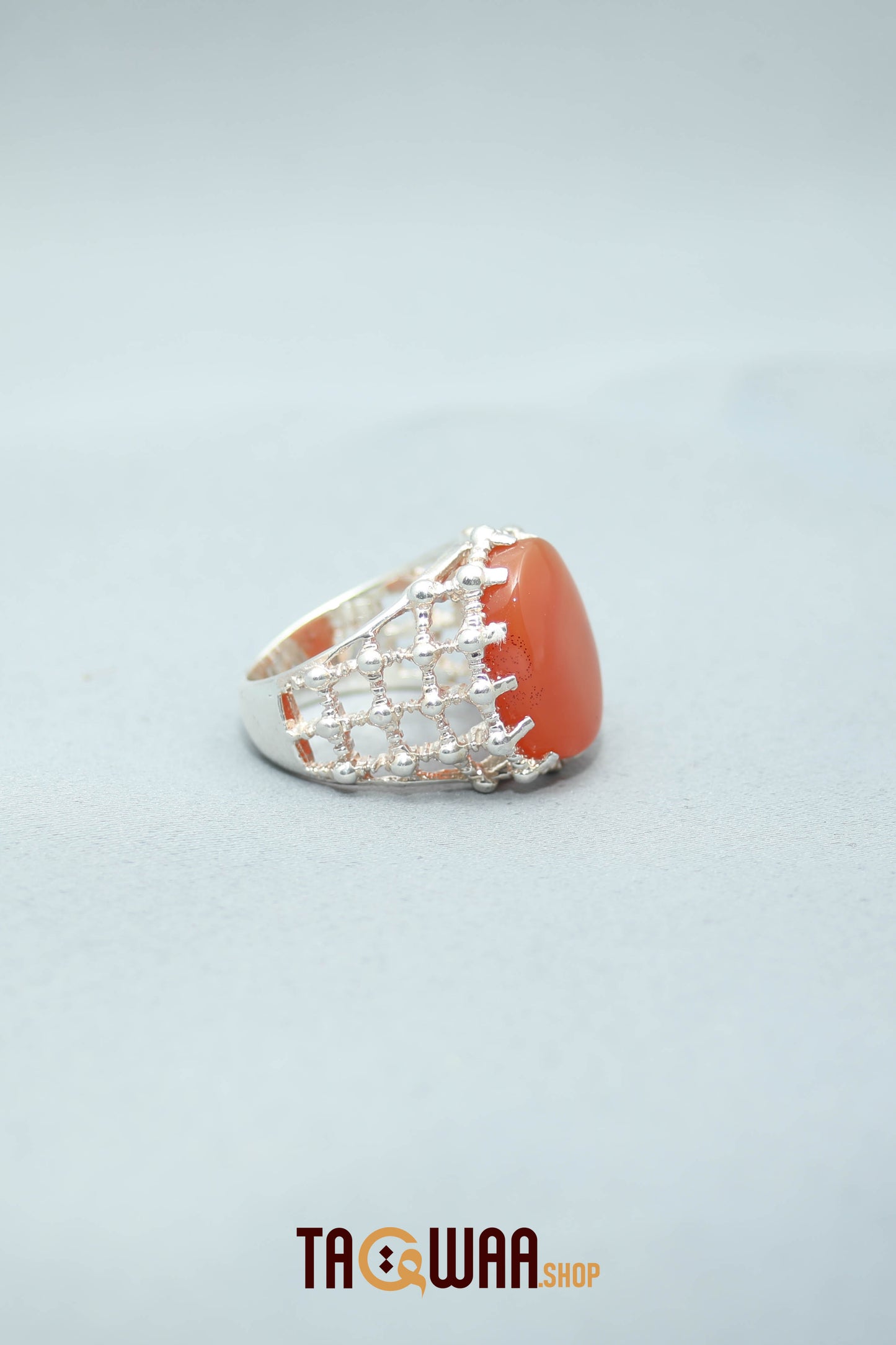 Silver Ring with Orange Yemeni Agate and Imam Hussain Shrine-Inspired Design