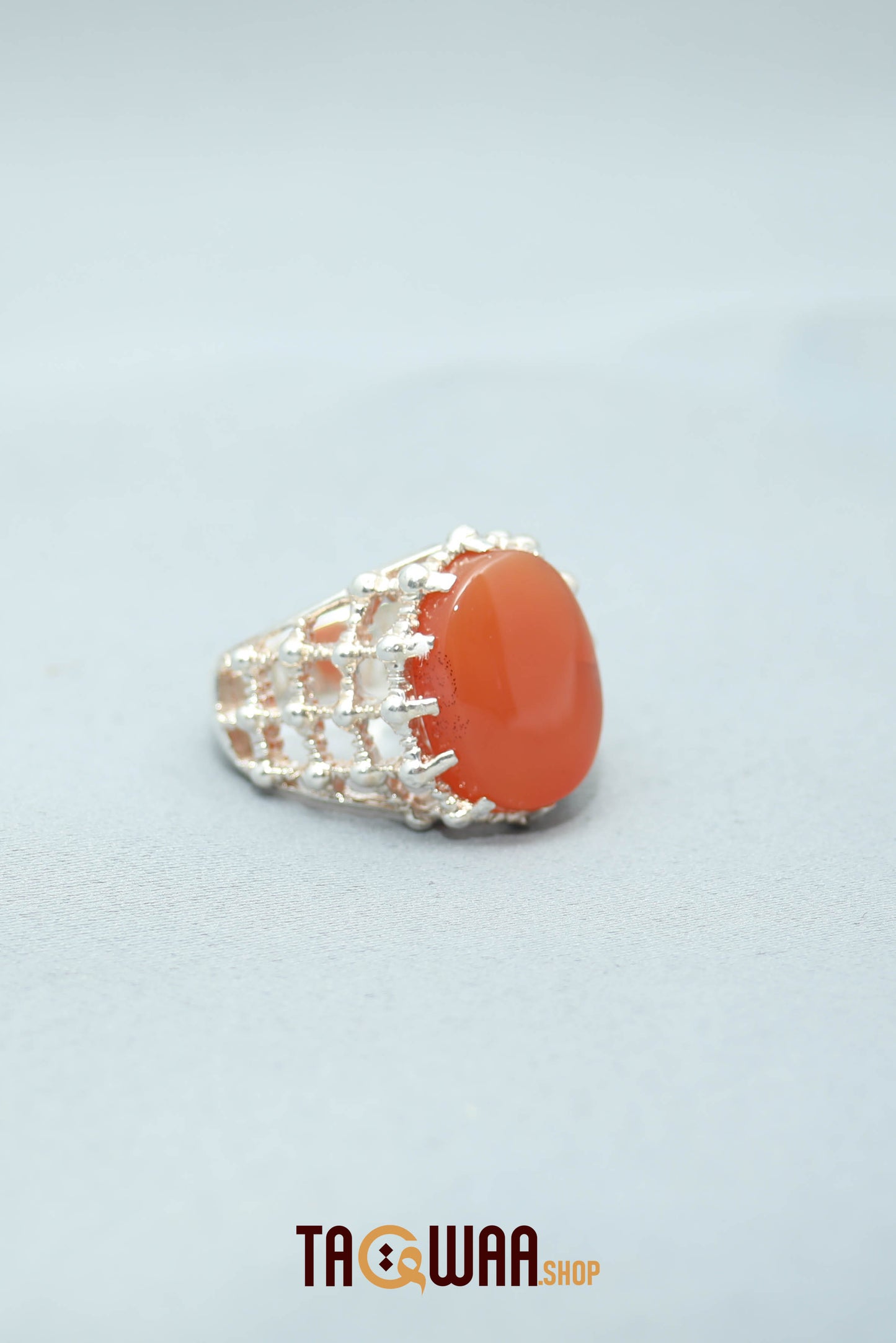 Silver Ring with Orange Yemeni Agate and Imam Hussain Shrine-Inspired Design