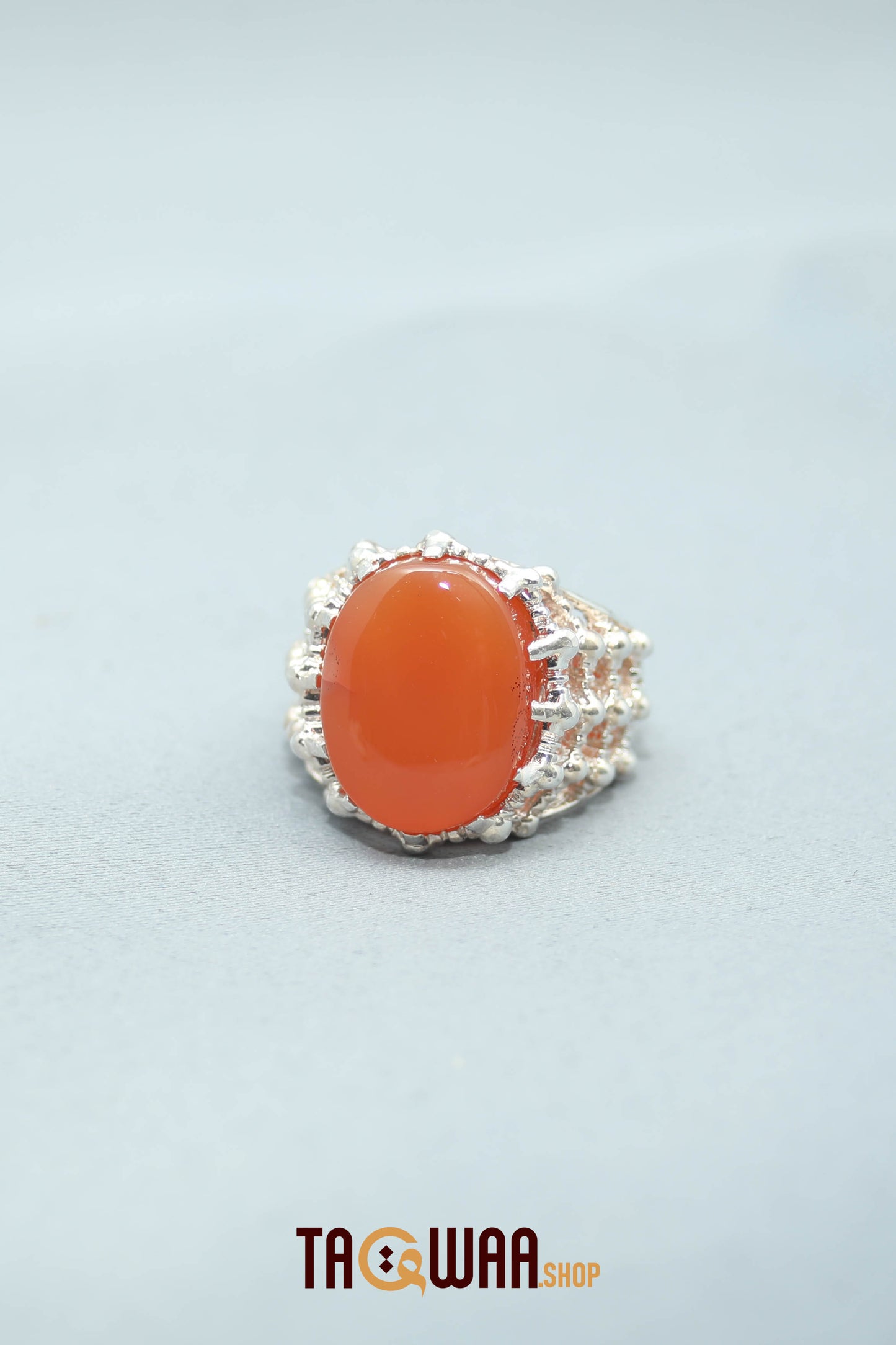 Silver Ring with Orange Yemeni Agate and Imam Hussain Shrine-Inspired Design