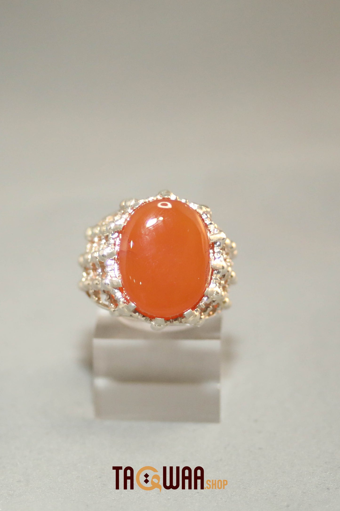 Silver Ring with Orange Yemeni Agate and Imam Hussain Shrine-Inspired Design