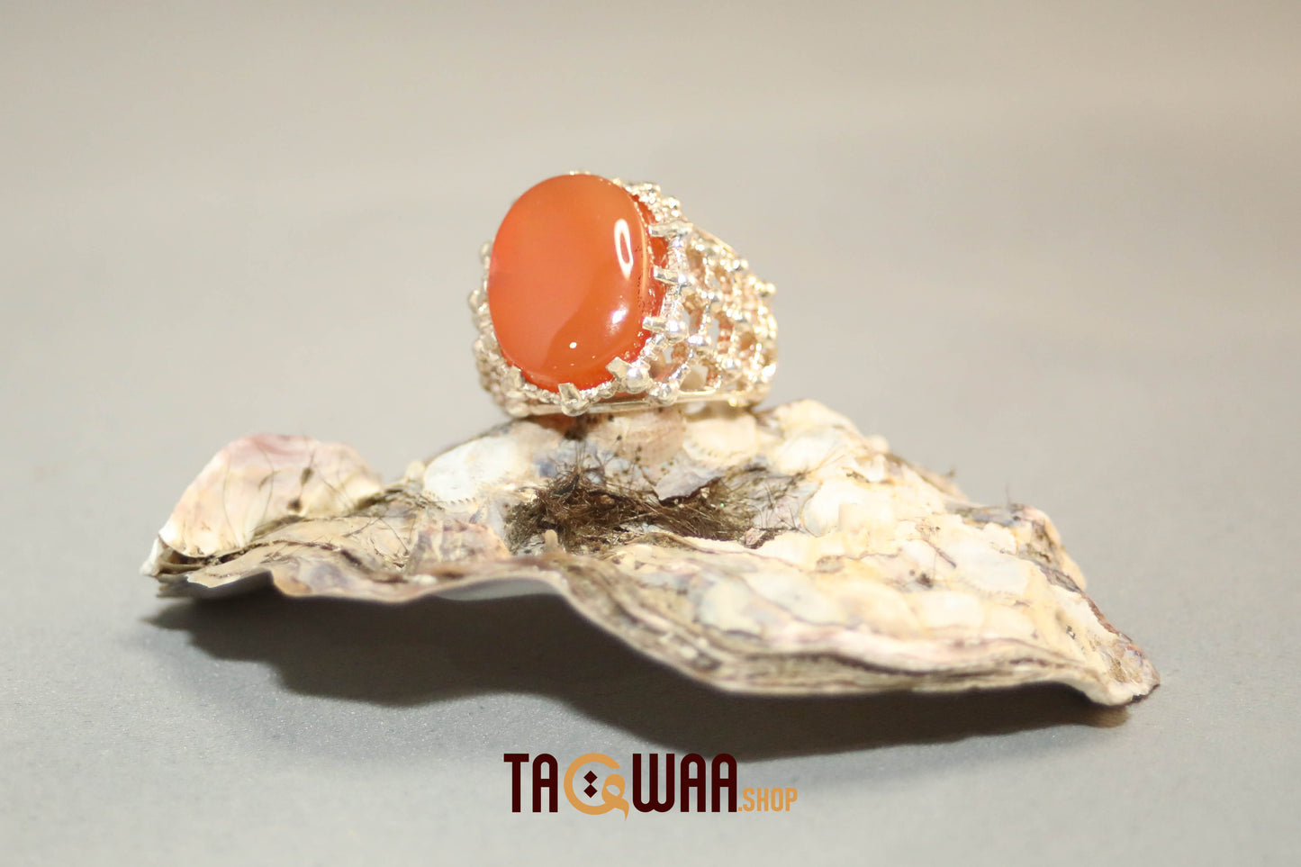 Silver Ring with Orange Yemeni Agate and Imam Hussain Shrine-Inspired Design