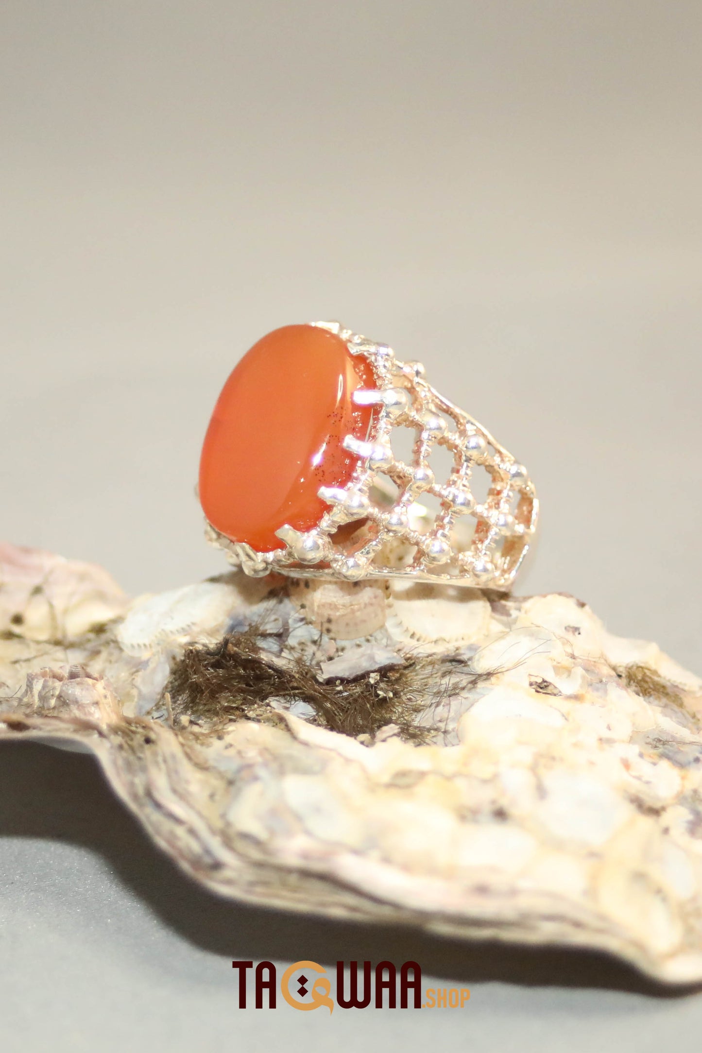 Silver Ring with Orange Yemeni Agate and Imam Hussain Shrine-Inspired Design