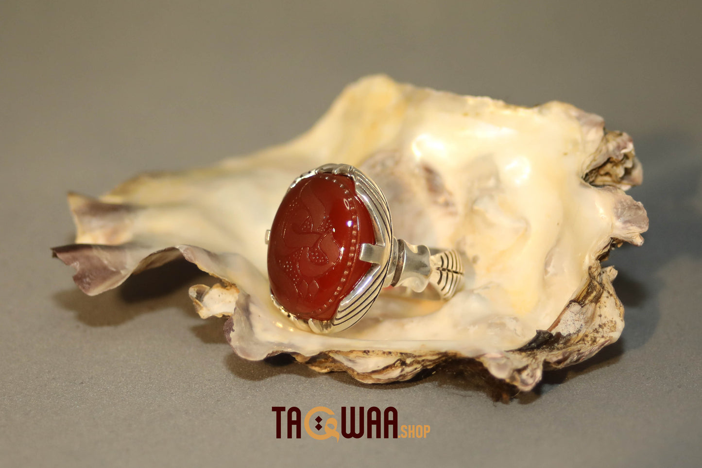 Silver Ring with Red Yemeni Agate – Featuring 'YA ALI' Inscription