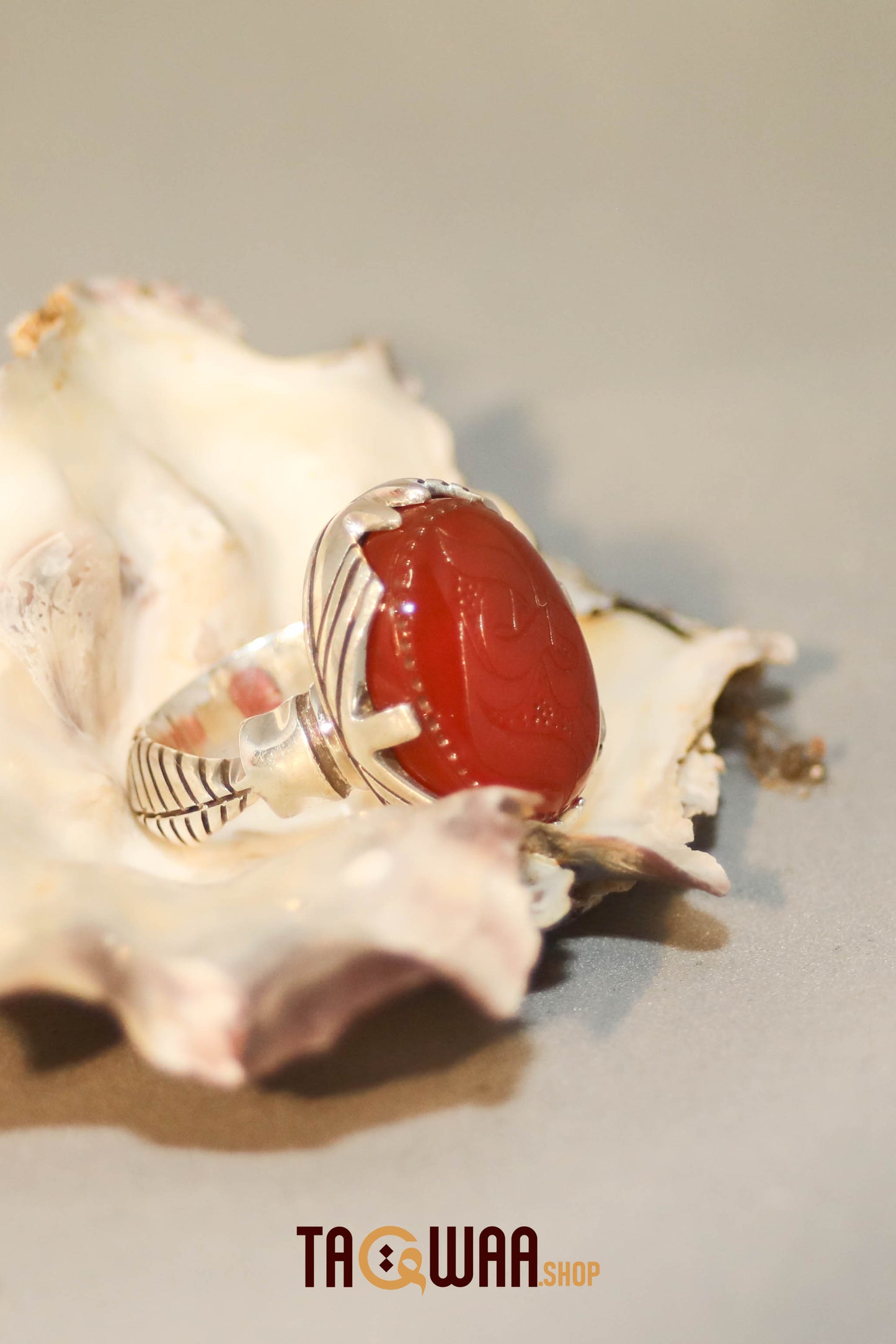 Silver Ring with Red Yemeni Agate – Featuring 'YA ALI' Inscription
