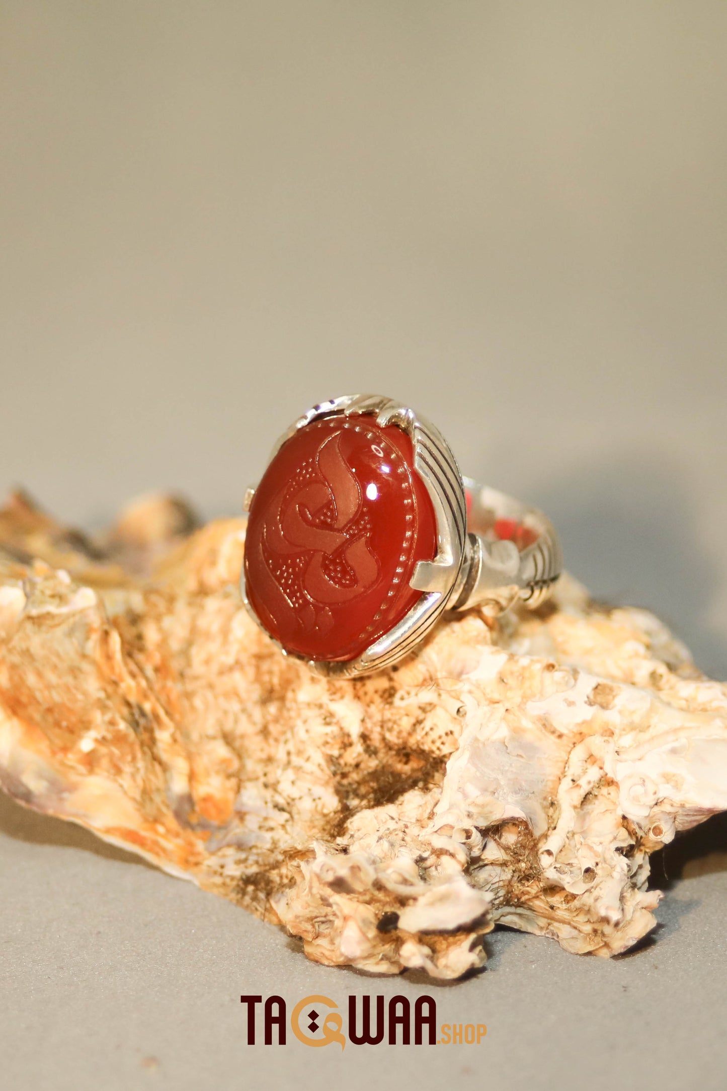Silver Ring with Red Yemeni Agate – Featuring 'YA ALI' Inscription