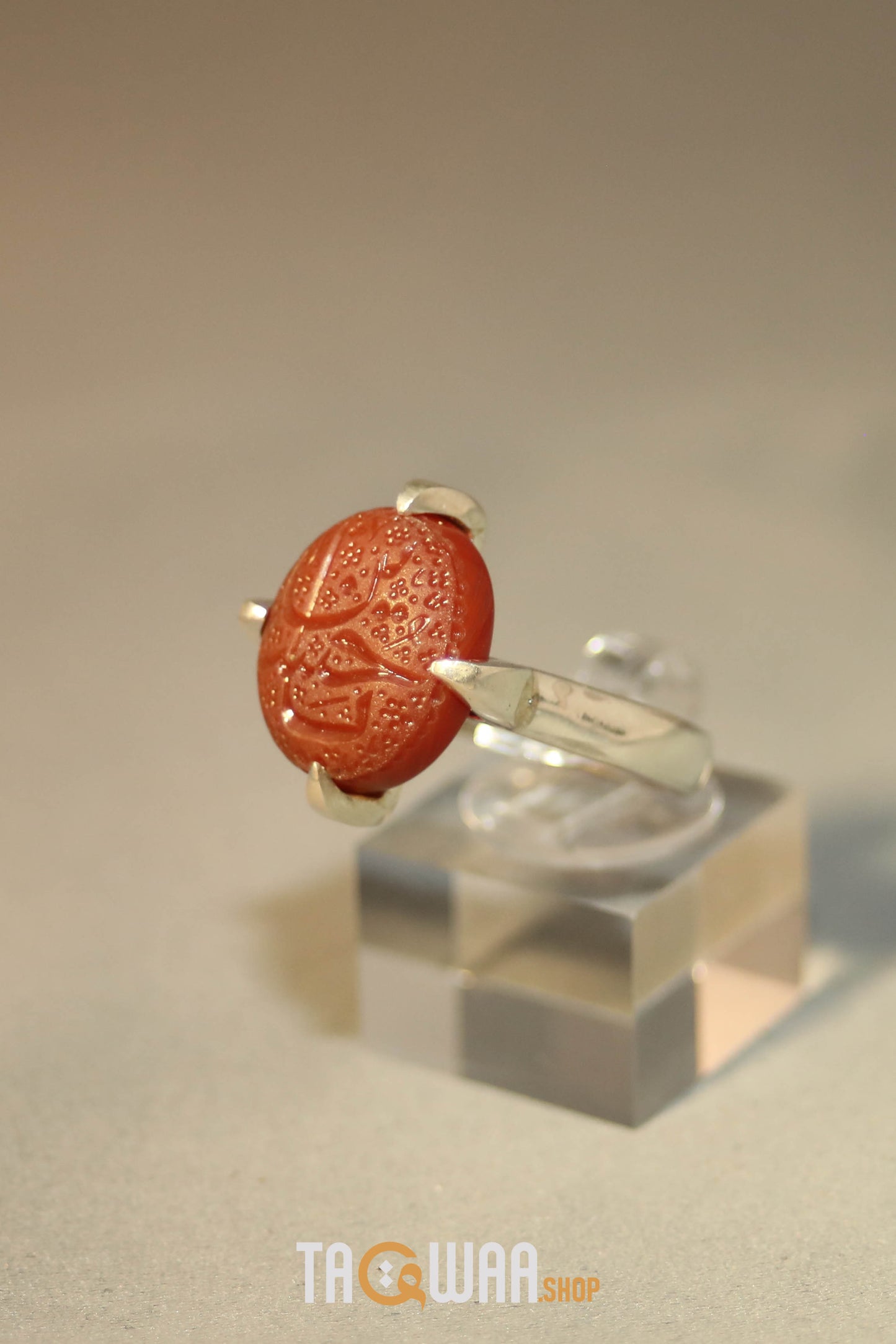 Handcrafted Silver Ring with Red Yemeni Agate and 'YA HUSSEIN' Engraving