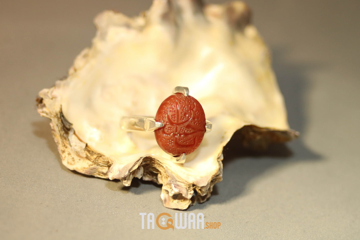 Handcrafted Silver Ring with Red Yemeni Agate and 'YA HUSSEIN' Engraving