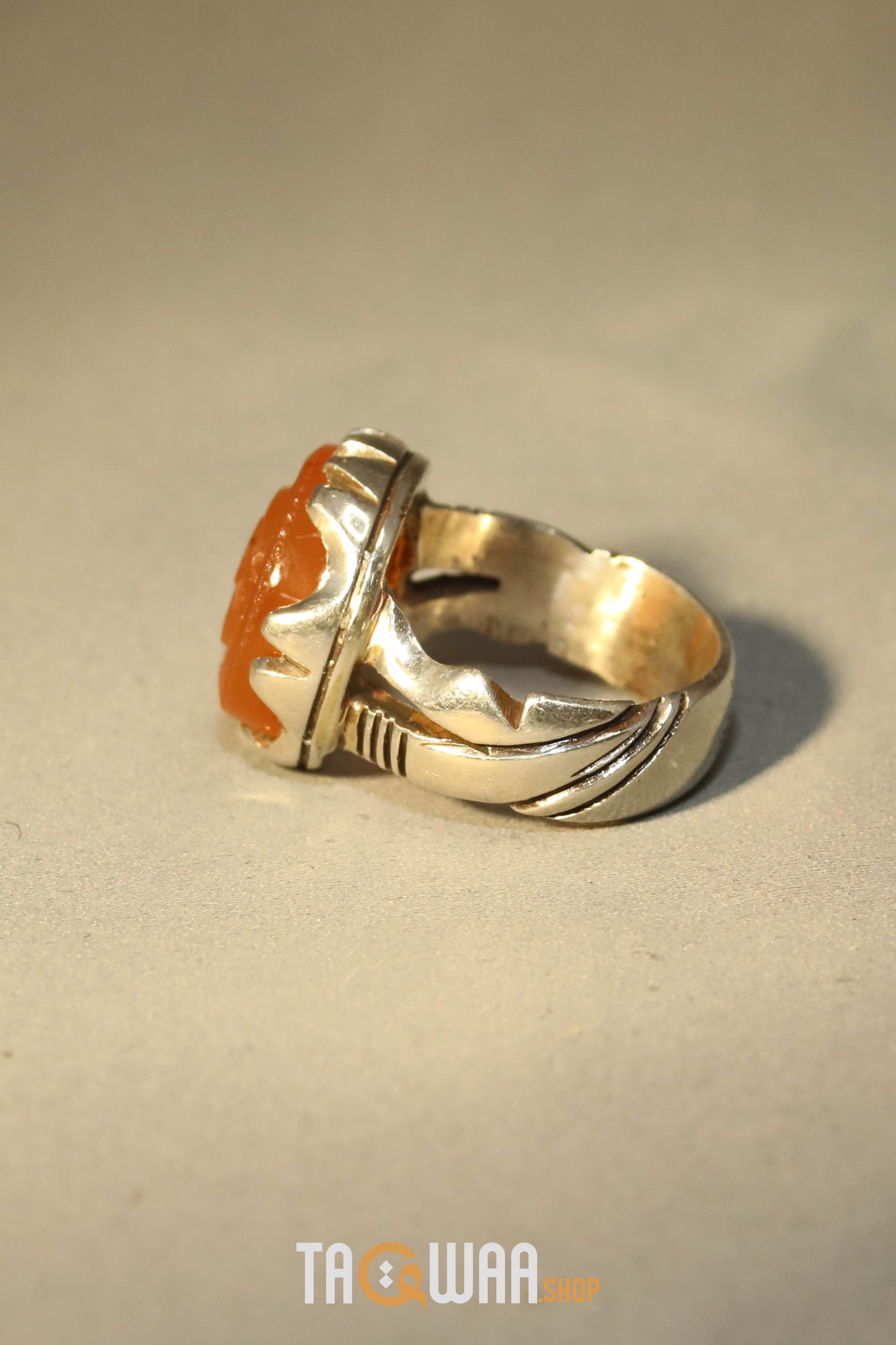 Artisan Silver Ring with Orange Yemeni Agate & 'ALI' Inscription