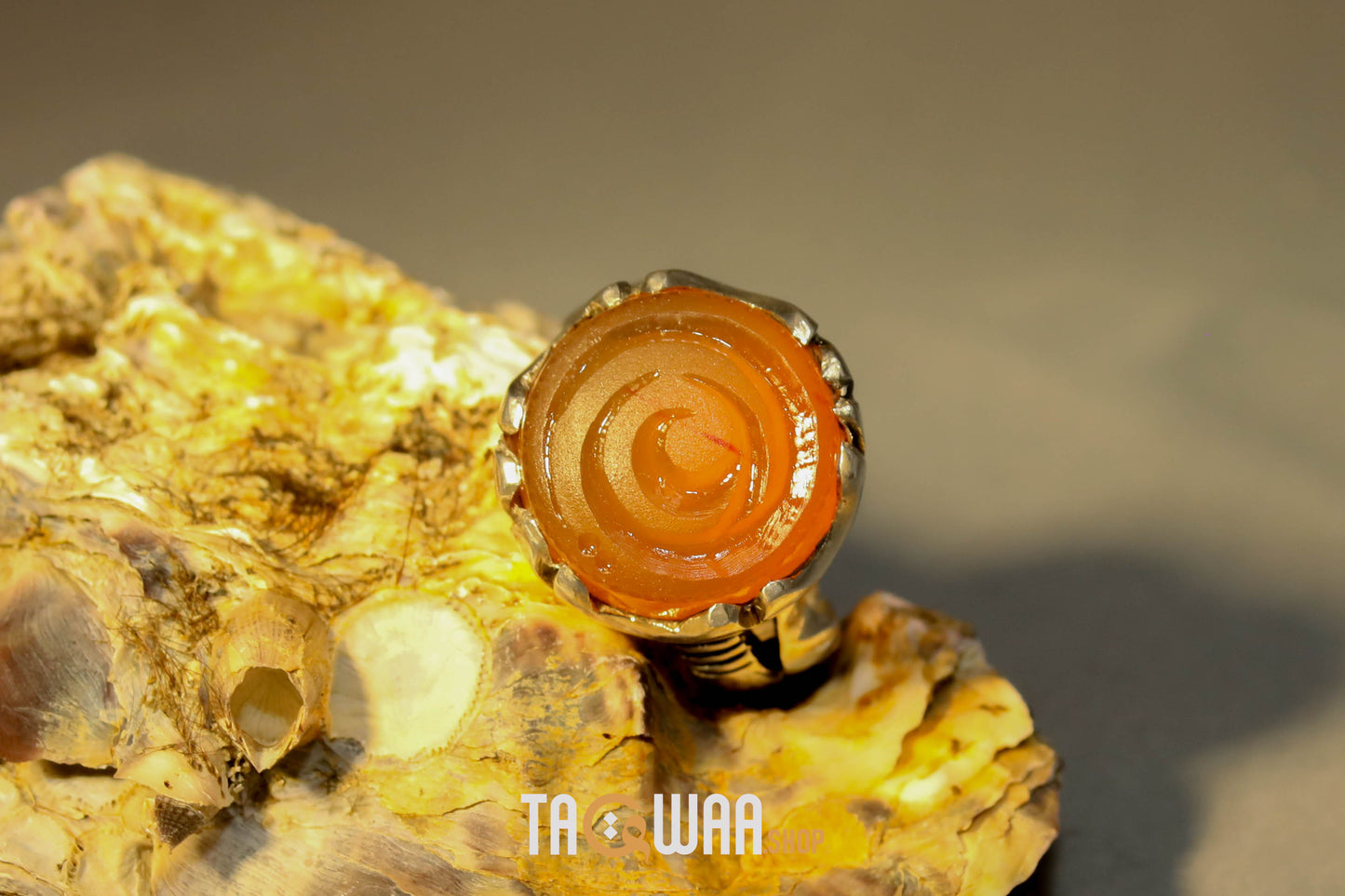 Artisan Silver Ring with Orange Yemeni Agate & 'ALI' Inscription