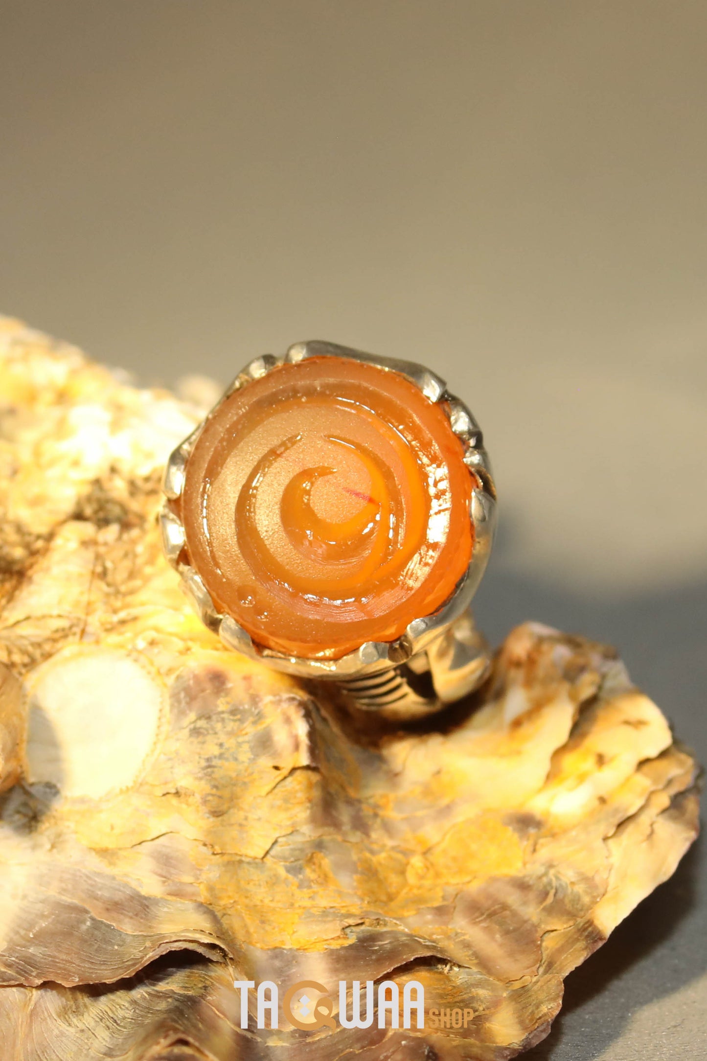 Artisan Silver Ring with Orange Yemeni Agate & 'ALI' Inscription