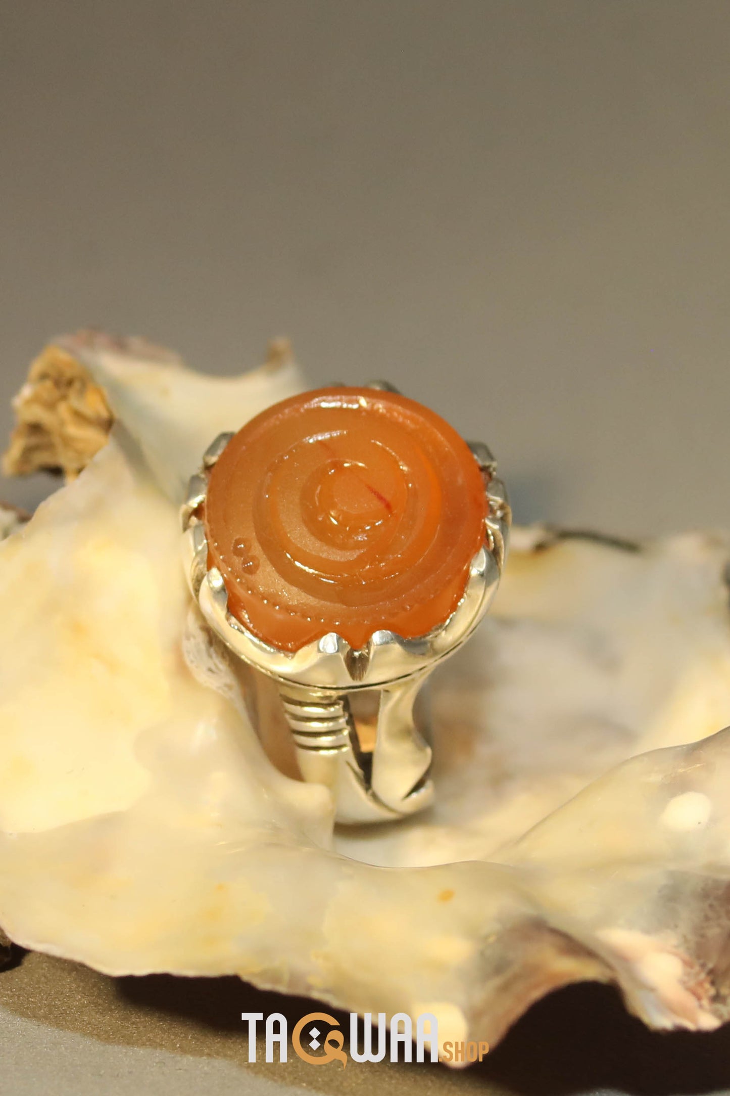 Artisan Silver Ring with Orange Yemeni Agate & 'ALI' Inscription