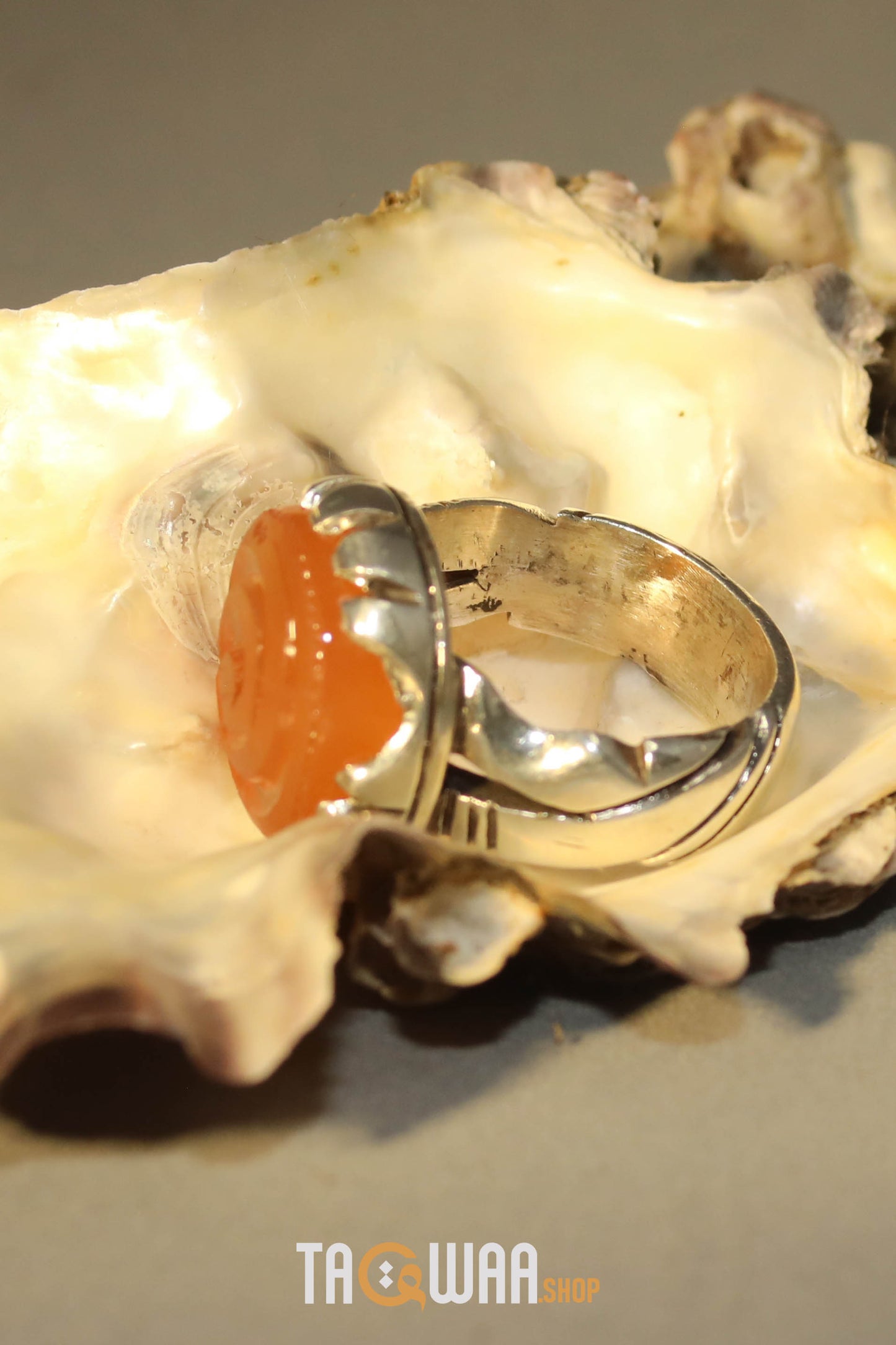 Artisan Silver Ring with Orange Yemeni Agate & 'ALI' Inscription