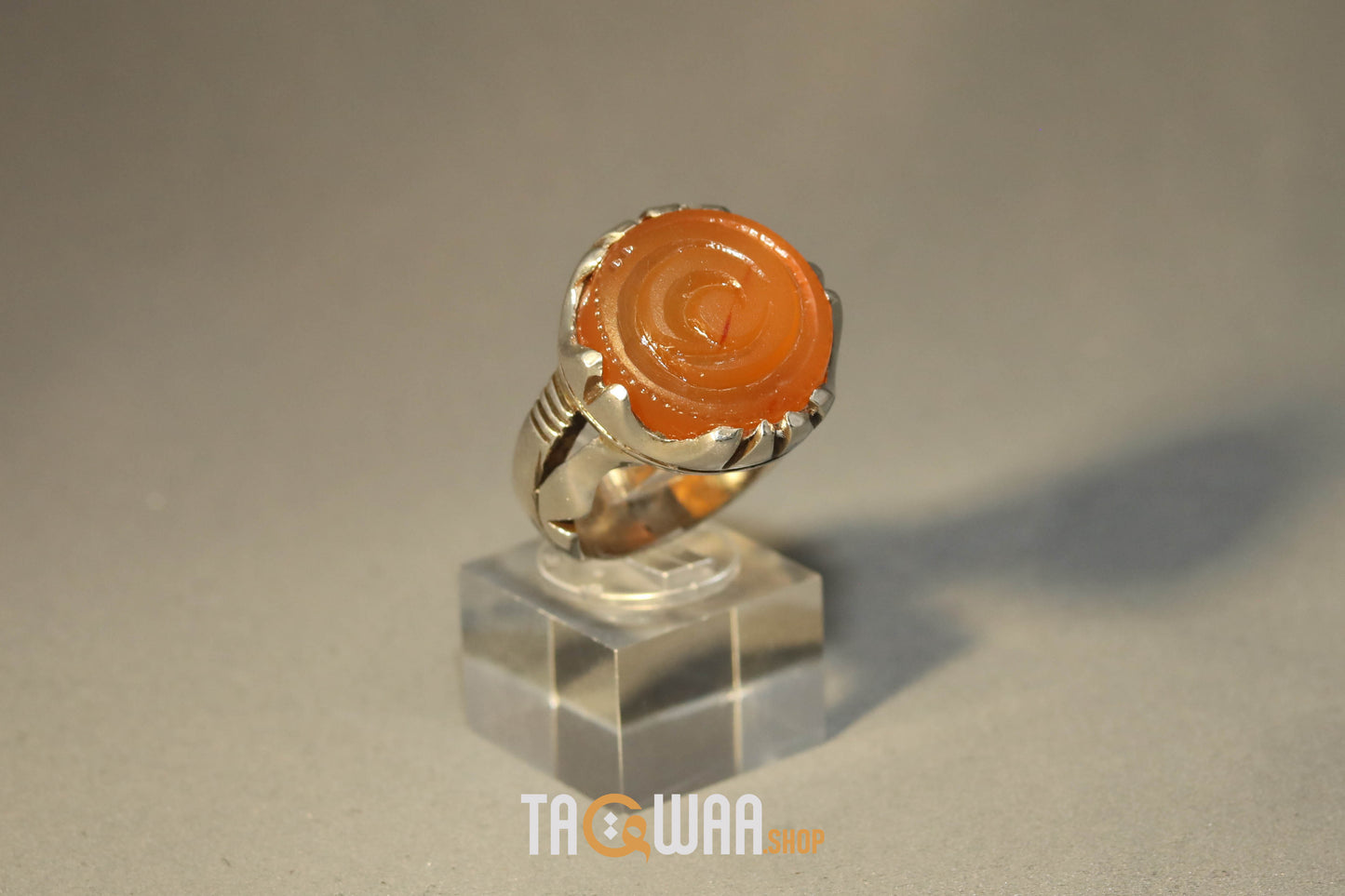 Artisan Silver Ring with Orange Yemeni Agate & 'ALI' Inscription