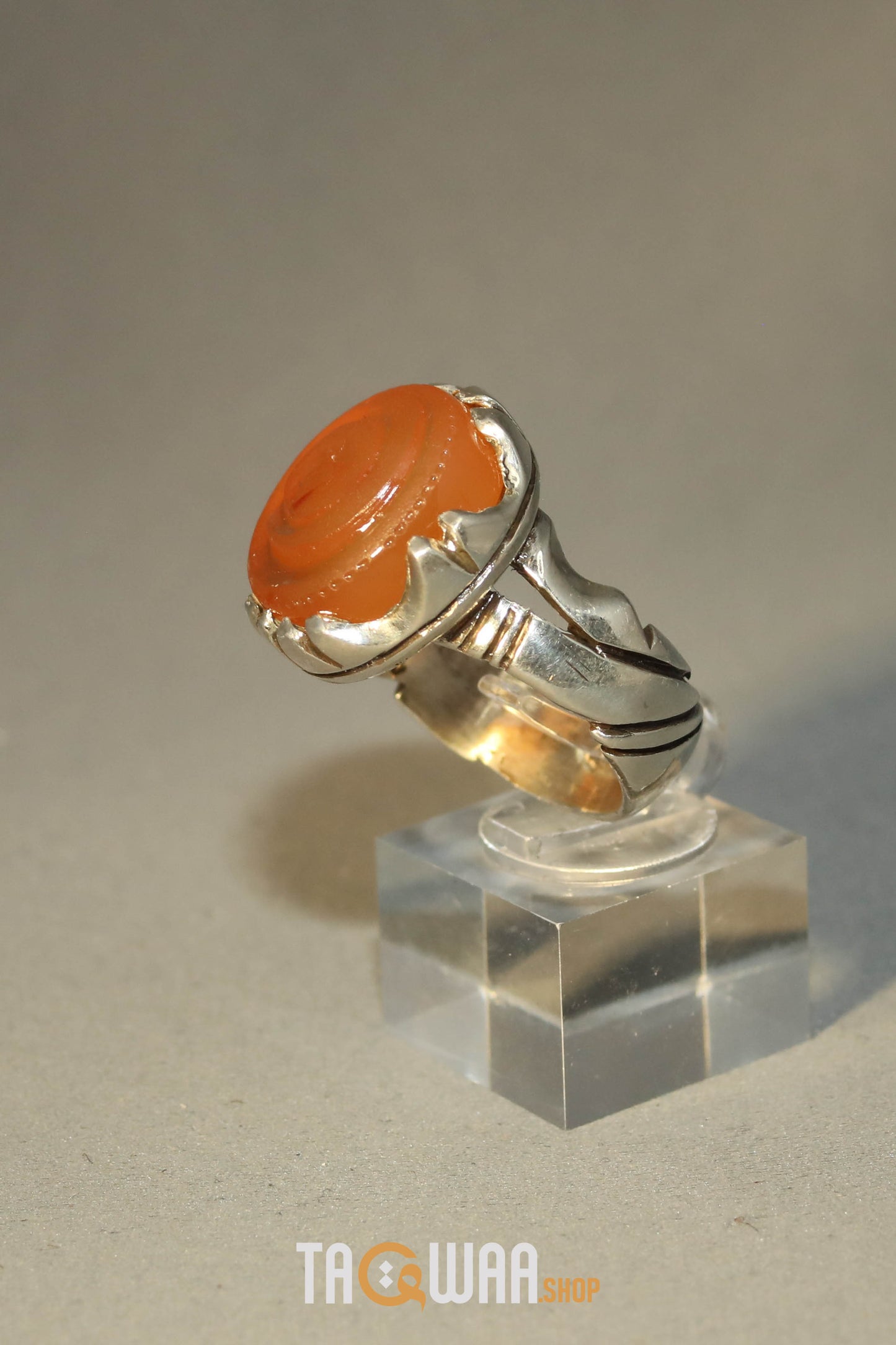 Artisan Silver Ring with Orange Yemeni Agate & 'ALI' Inscription