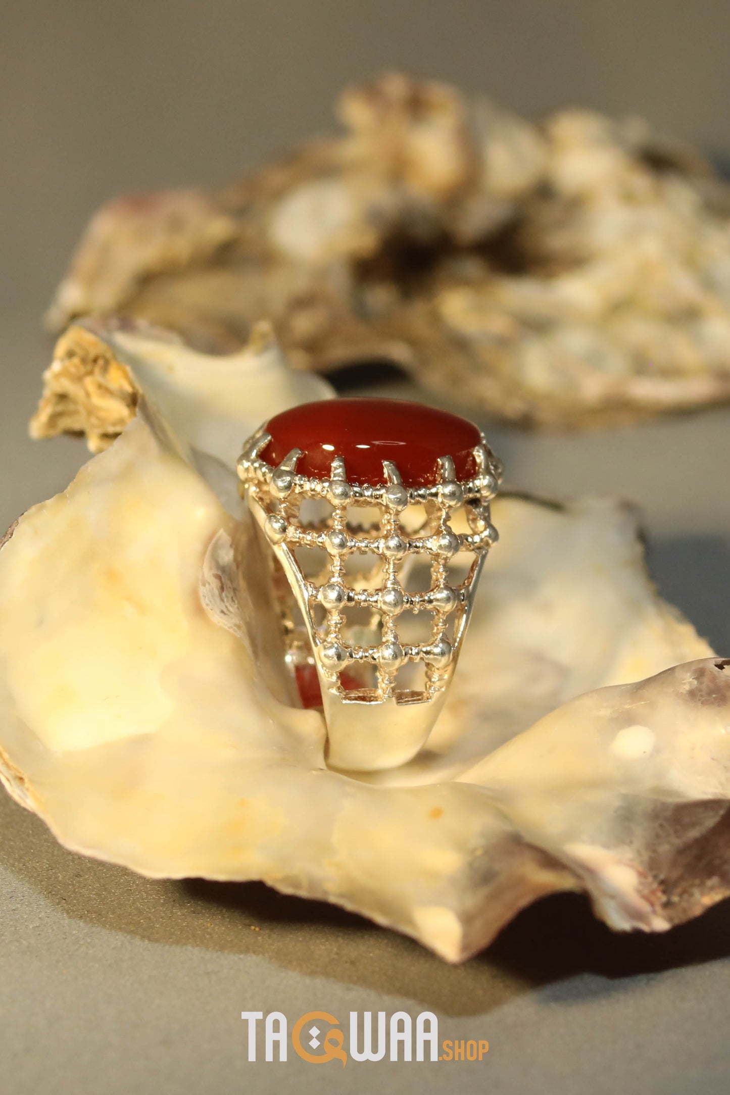 Silver ring with a brown Yemeni agate stone