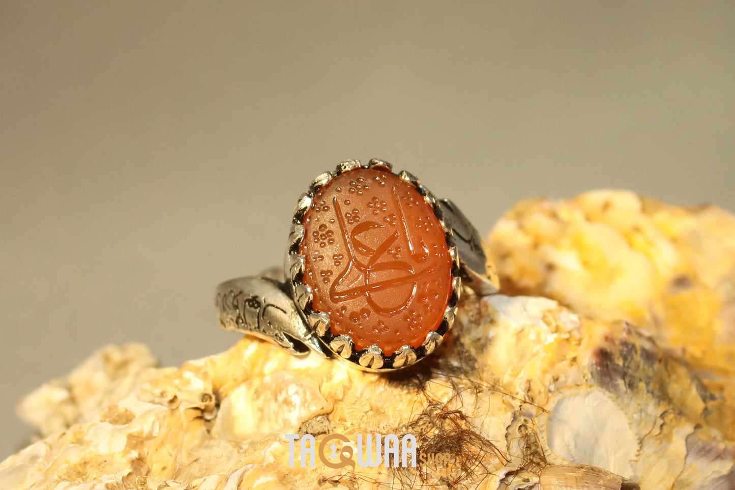 YEMENI ORANGE AQEEQ STERLING SILVER RING FOR MEN FREE SIZE يا علي