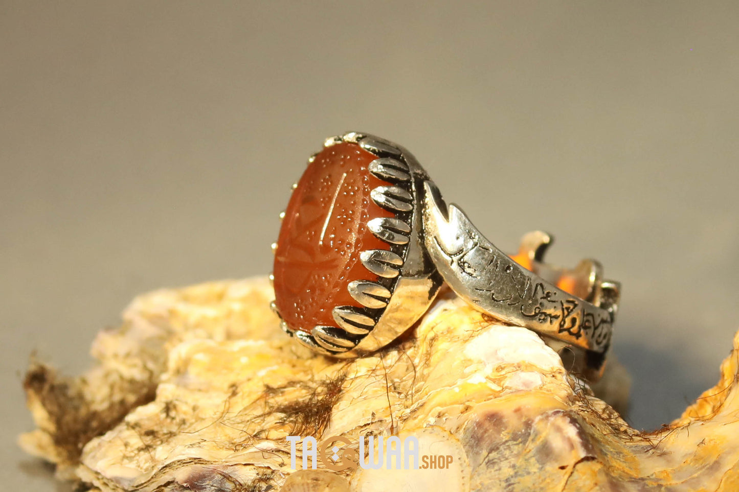 YEMENI ORANGE AQEEQ STERLING SILVER RING FOR MEN FREE SIZE يا علي