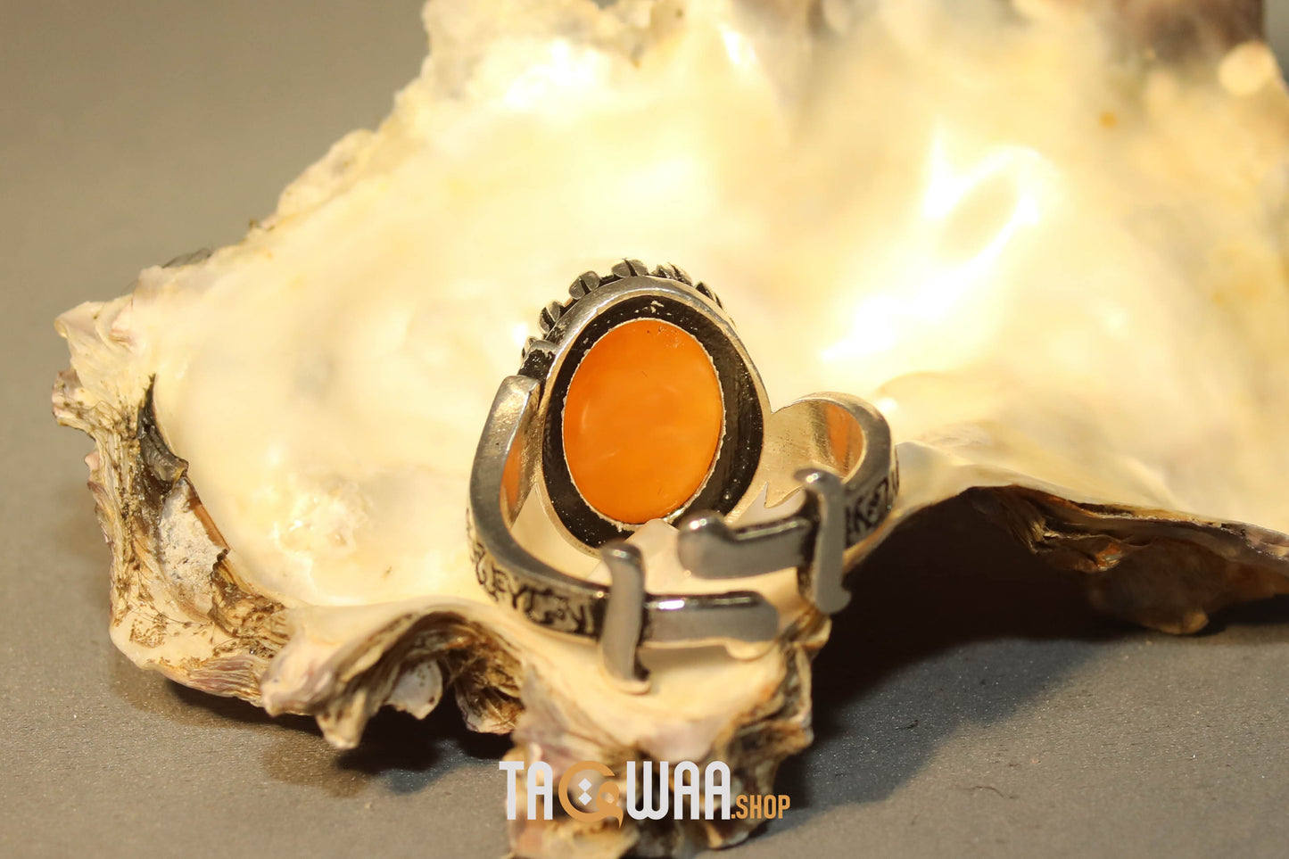YEMENI ORANGE AQEEQ STERLING SILVER RING FOR MEN FREE SIZE يا علي