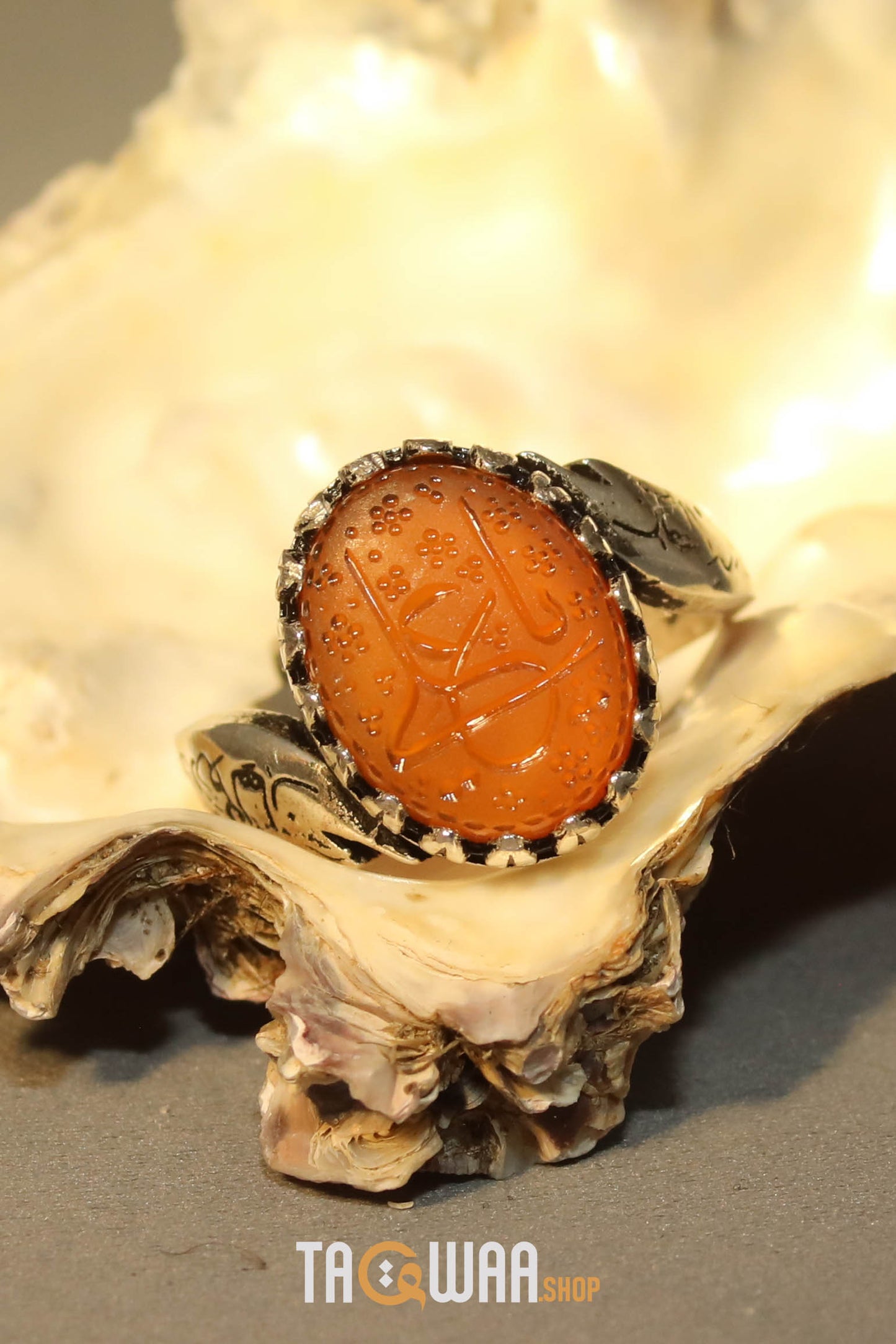 YEMENI ORANGE AQEEQ STERLING SILVER RING FOR MEN FREE SIZE يا علي
