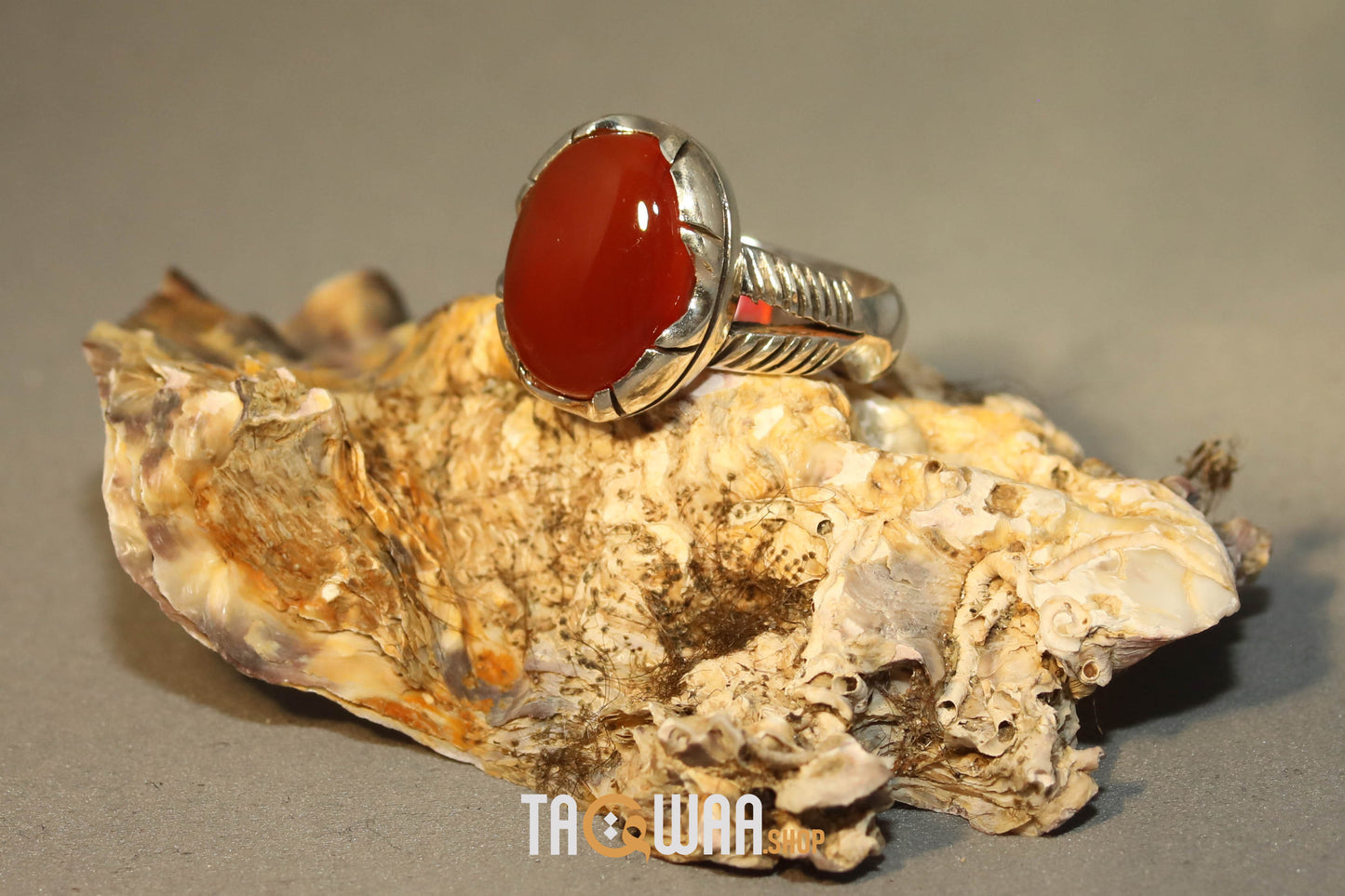 Orange Yemeni Agate Aqeeq Oval Silver Ring