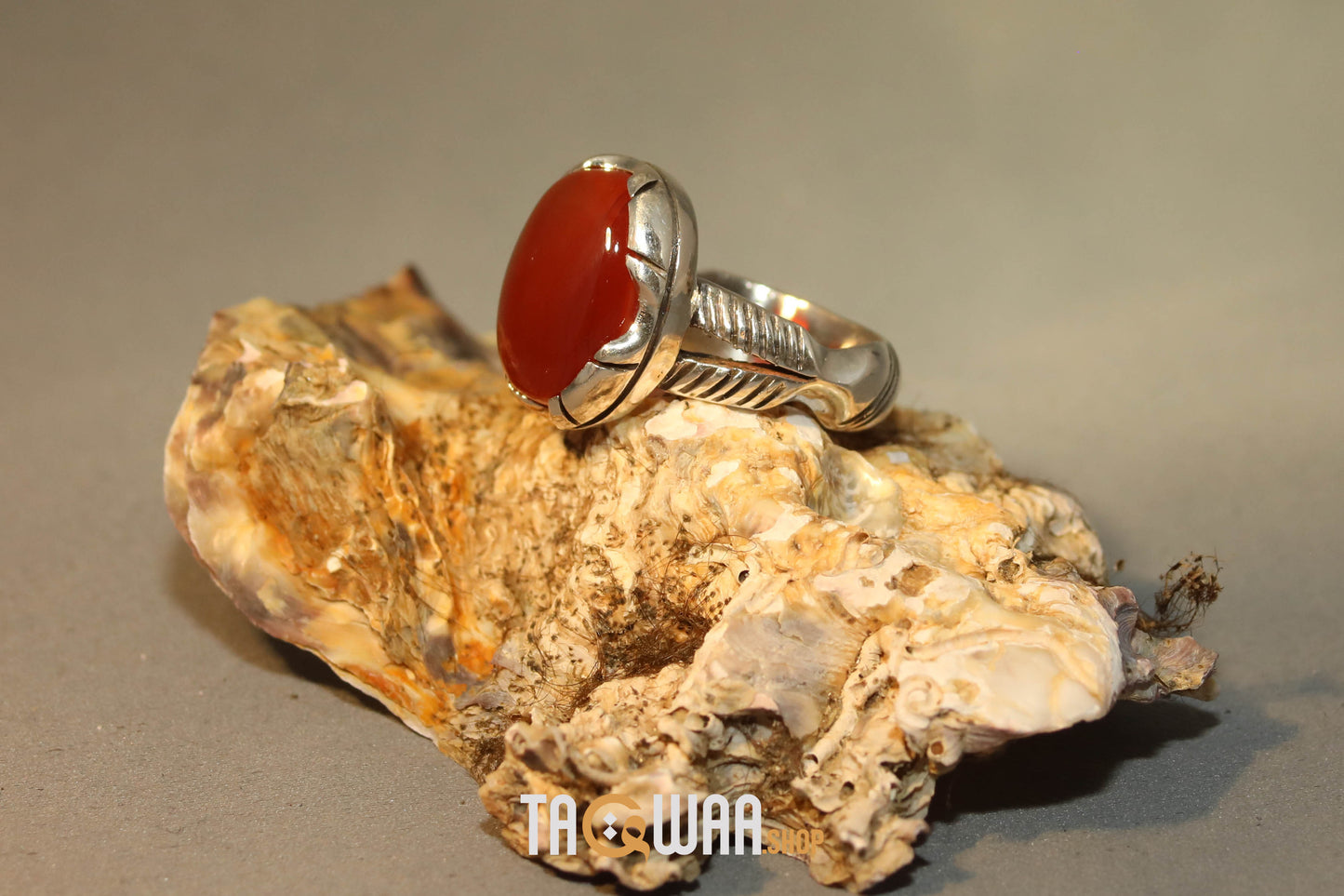 Orange Yemeni Agate Aqeeq Oval Silver Ring