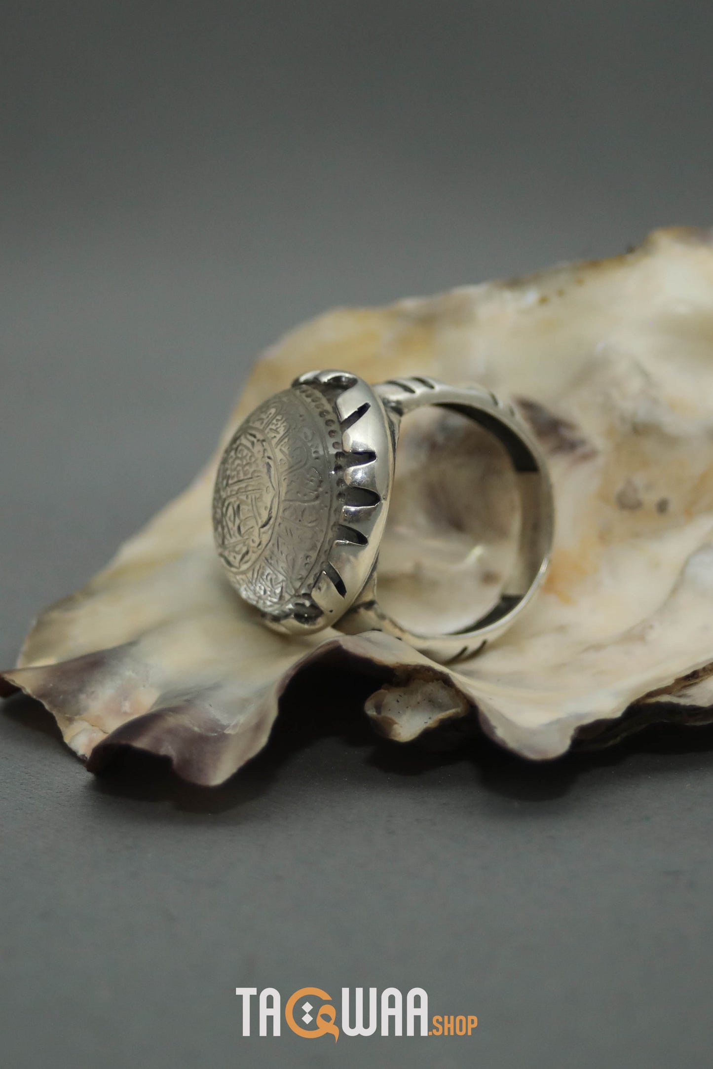 Shia Identity Silver Ring with Dur Alnajaf Stone – Engraved with Nadi Ali Dua and 'Ali Wali Allah