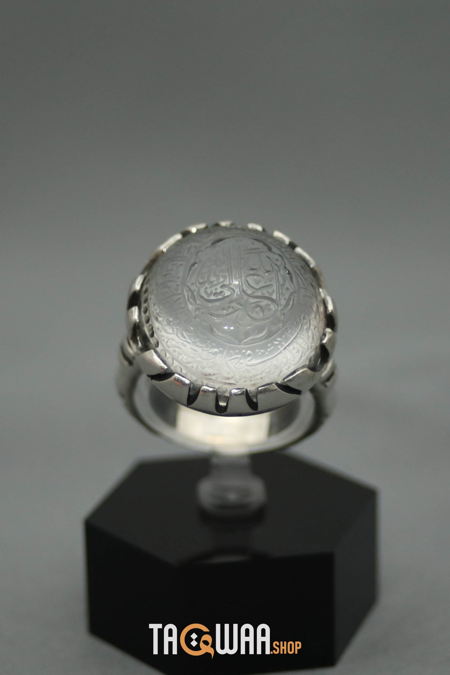 Shia Identity Silver Ring with Dur Alnajaf Stone – Engraved with Nadi Ali Dua and 'Ali Wali Allah