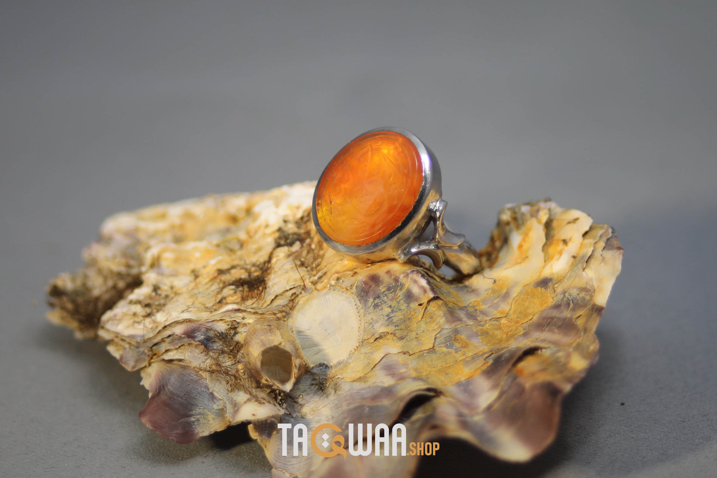 Timeless Men's Silver Ring with Yemeni Orange Aqeeq – Engraved with 'حسبي الله