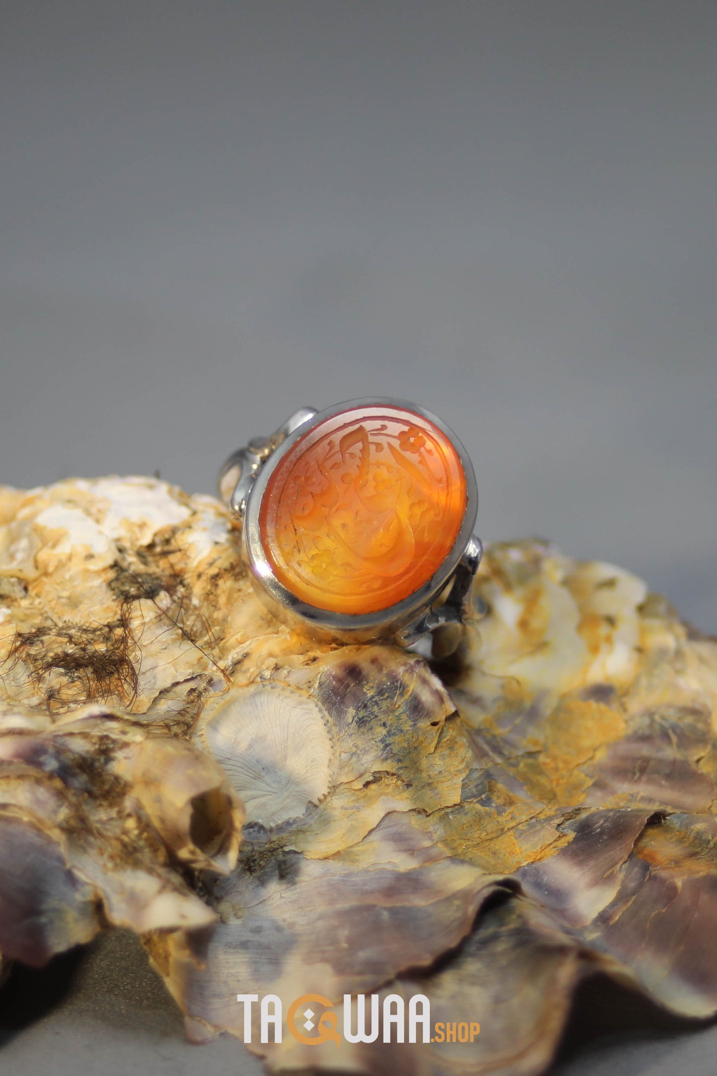 Timeless Men's Silver Ring with Yemeni Orange Aqeeq – Engraved with 'حسبي الله