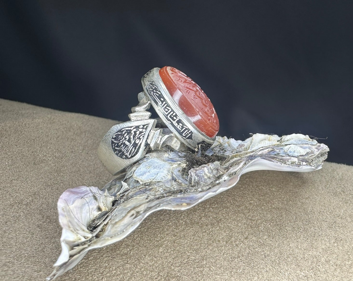 Yemeni Brown Aqeeq Sterling Silver Ring محمد رسول الله Inscription (Men)