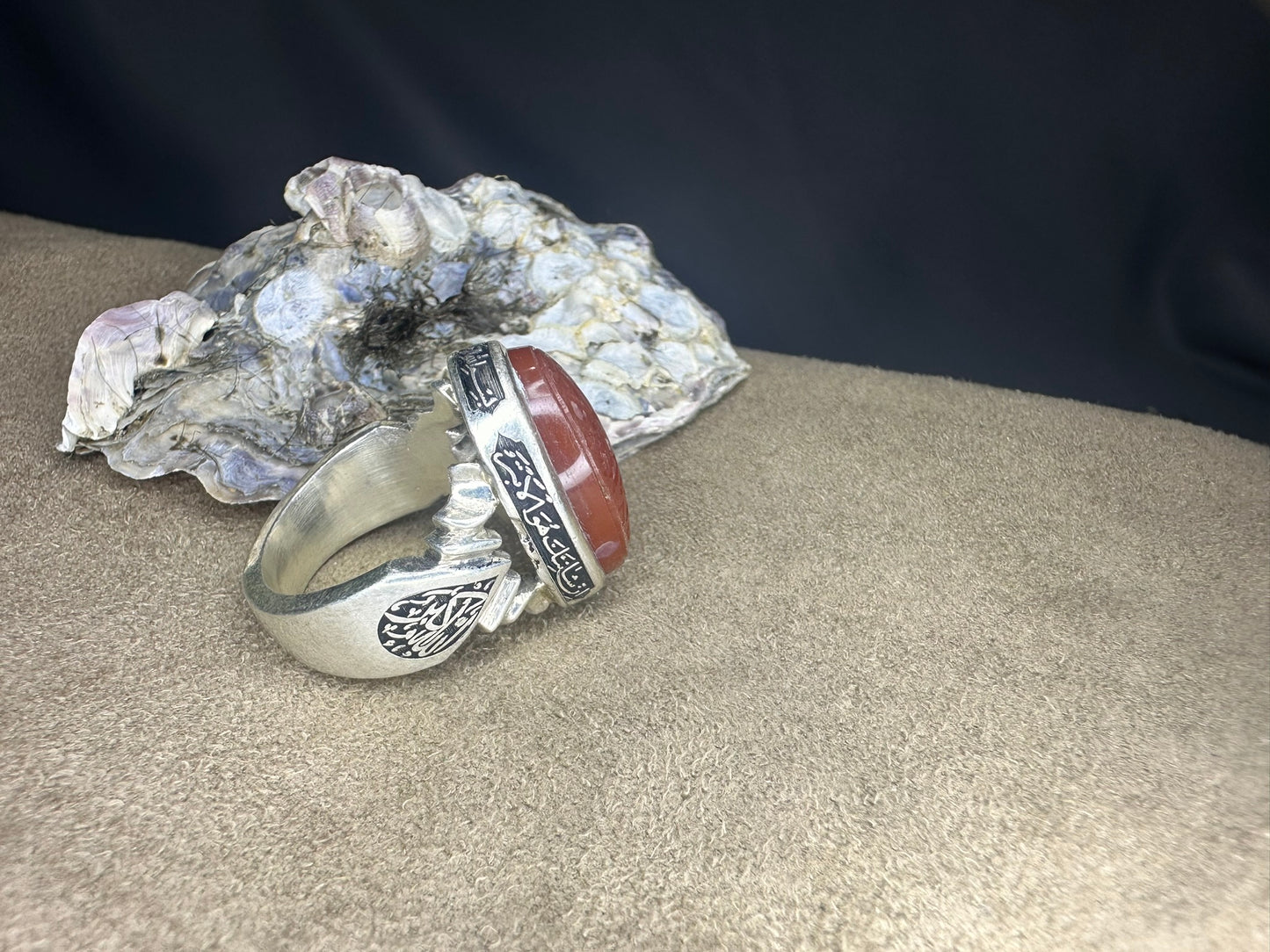 Yemeni Brown Aqeeq Sterling Silver Ring محمد رسول الله Inscription (Men)
