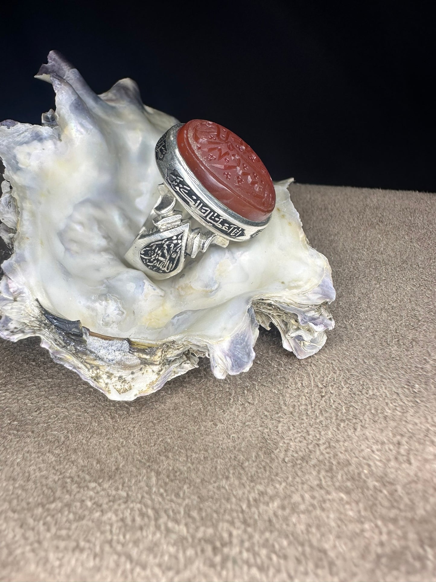 Yemeni Brown Aqeeq Sterling Silver Ring محمد رسول الله Inscription (Men)