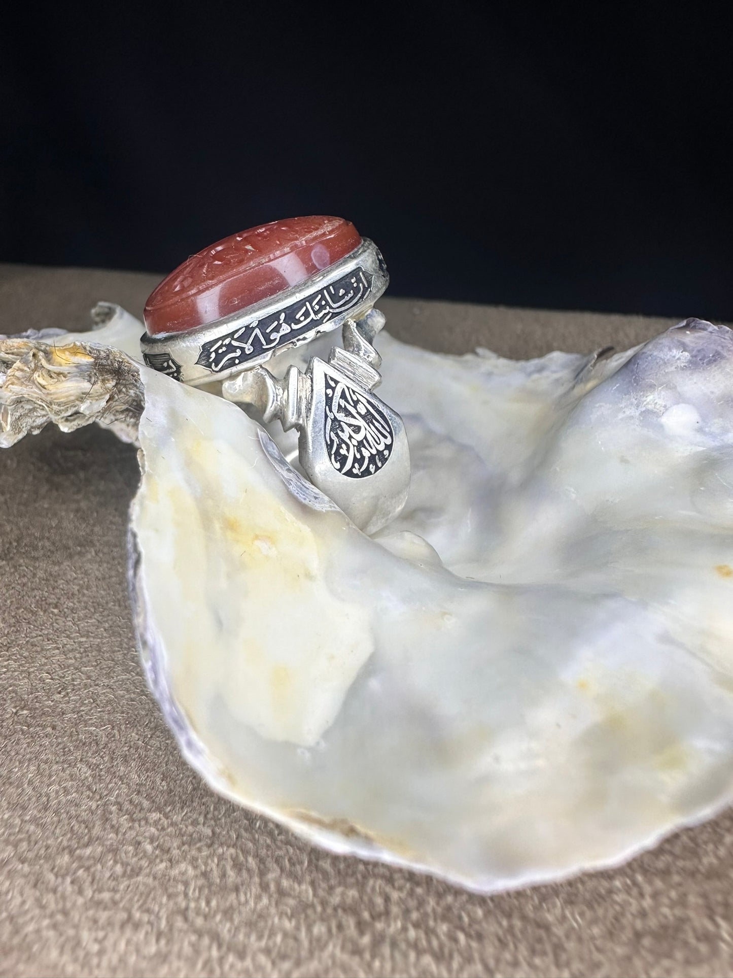 Yemeni Brown Aqeeq Sterling Silver Ring محمد رسول الله Inscription (Men)