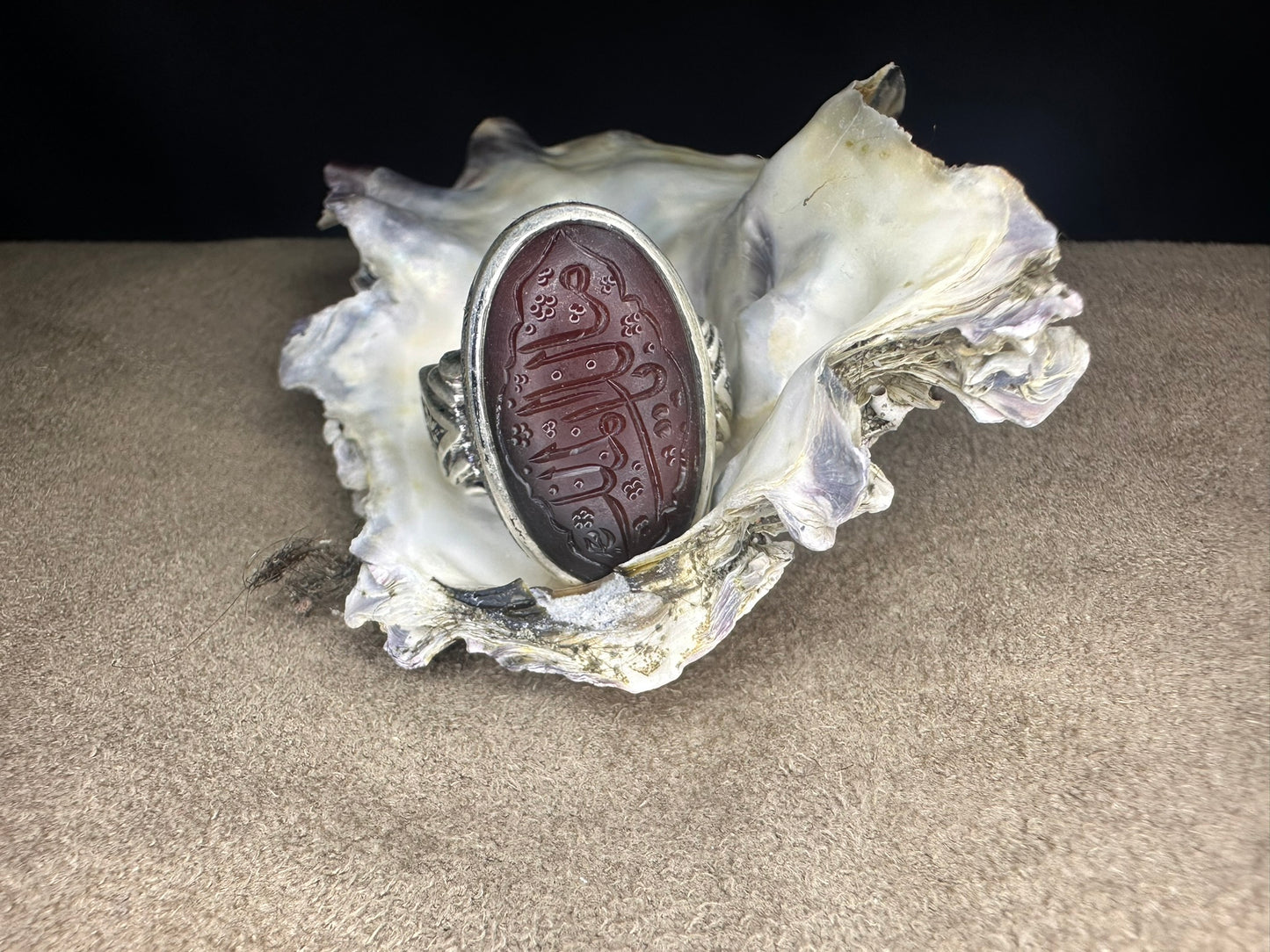 Yemeni Brown Aqeeq Sterling Silver Ring يا مالك الملك Inscription (Men)