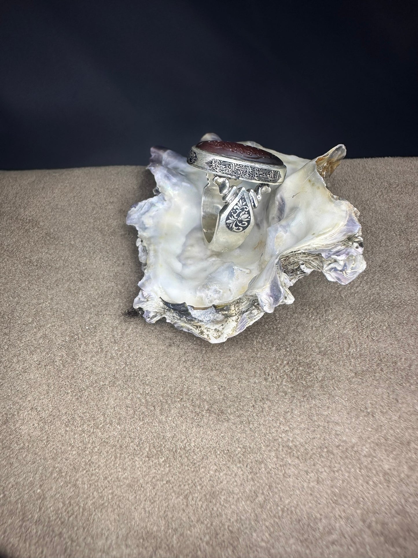 Yemeni Brown Aqeeq Sterling Silver Ring يا مالك الملك Inscription (Men)