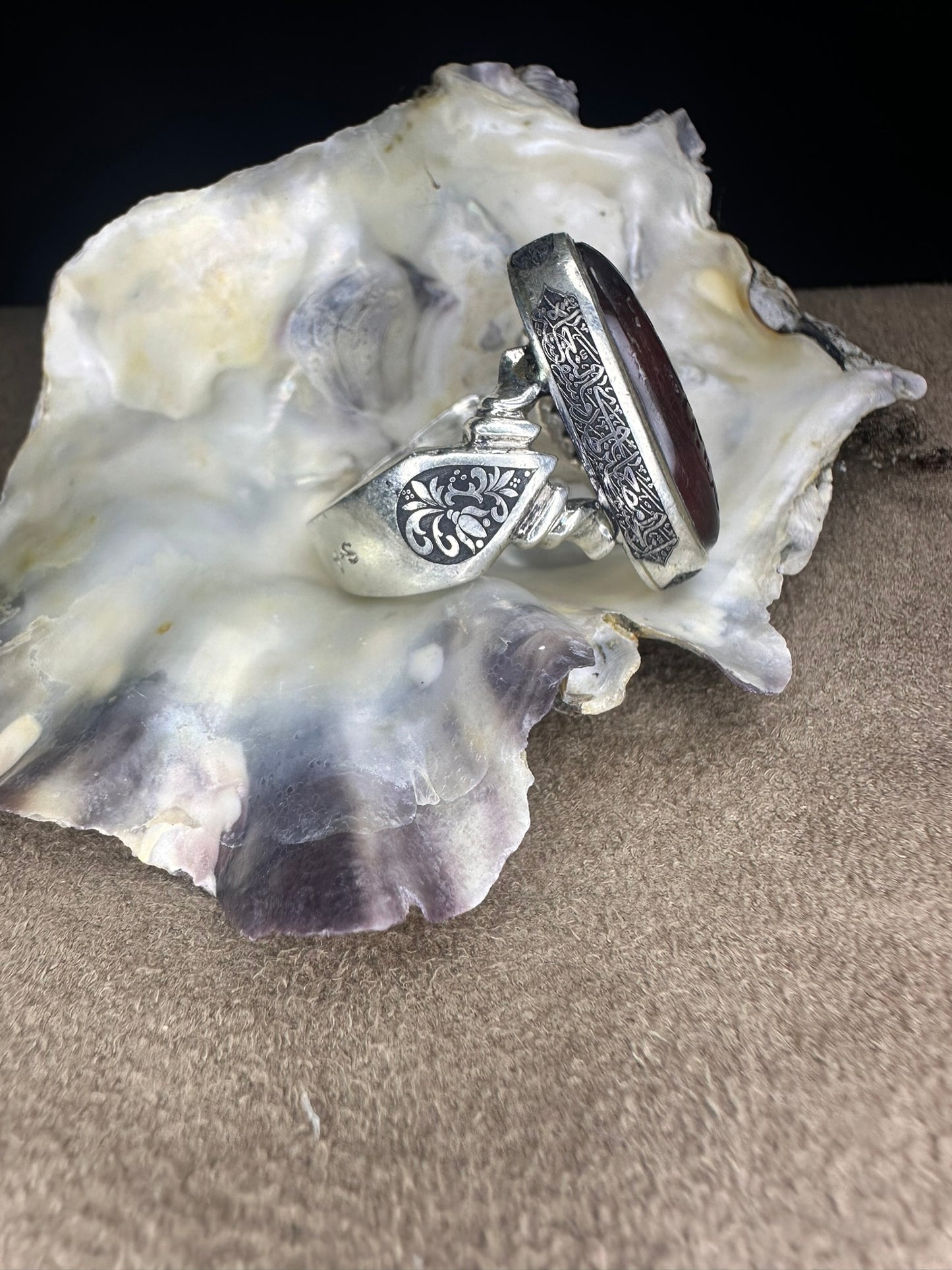 Yemeni Brown Aqeeq Sterling Silver Ring يا مالك الملك Inscription (Men)