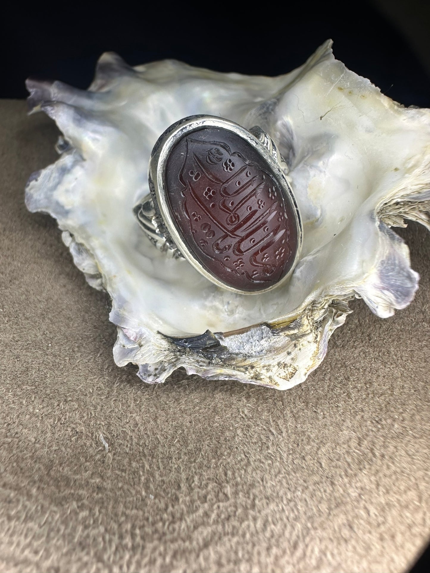 Yemeni Brown Aqeeq Sterling Silver Ring يا مالك الملك Inscription (Men)