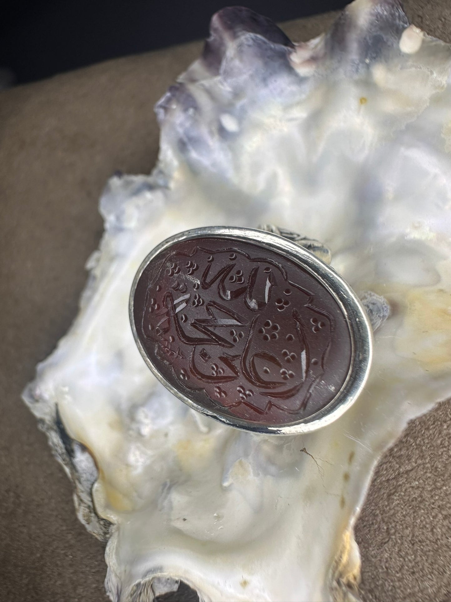 Yemeni Brown Aqeeq Sterling Ring علي حجة الله Inscription (Men)