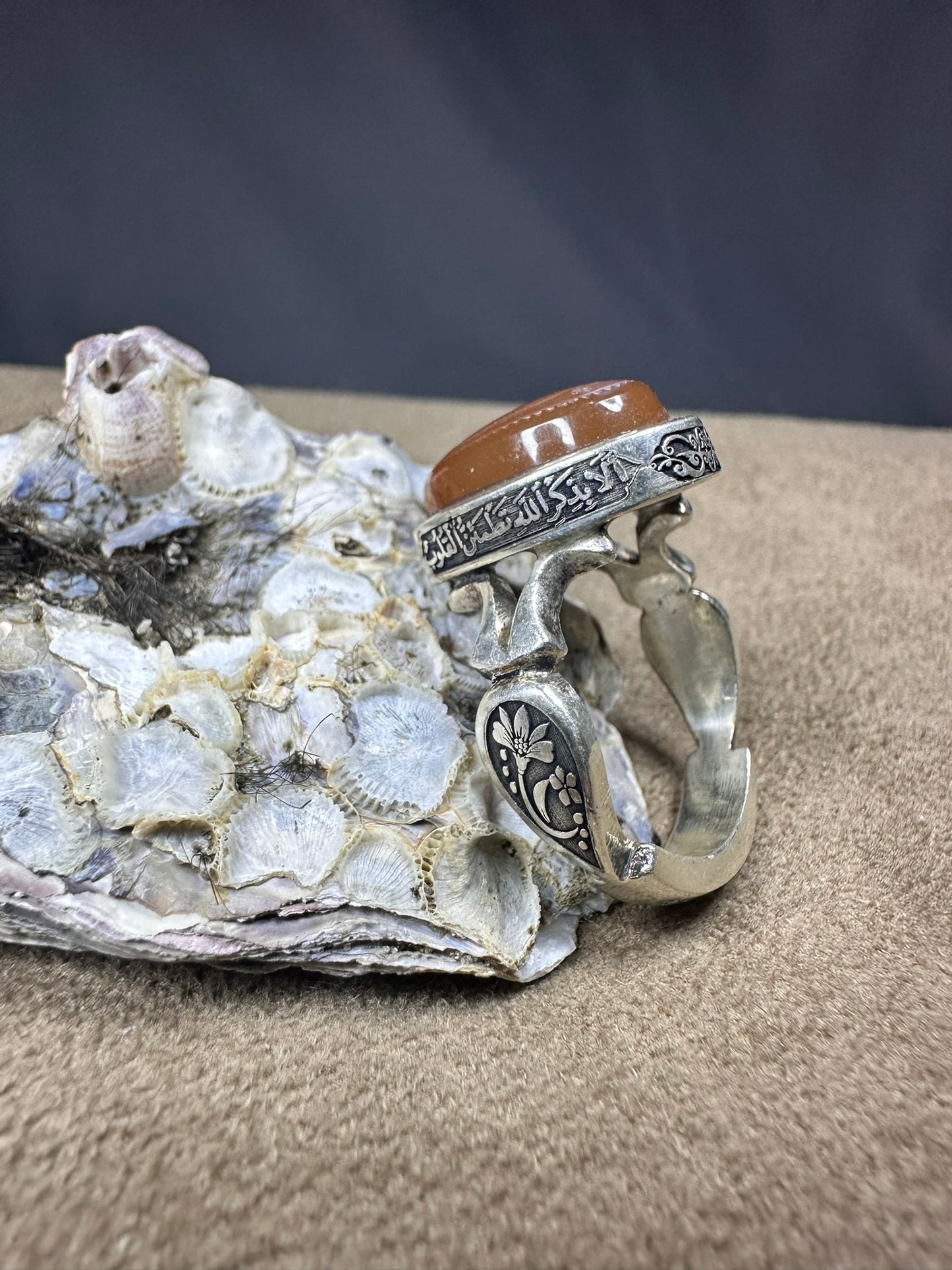 YEMENI ORANGE AQEEQ STERLING SILVER RING FOR MEN لبيك يا حسين