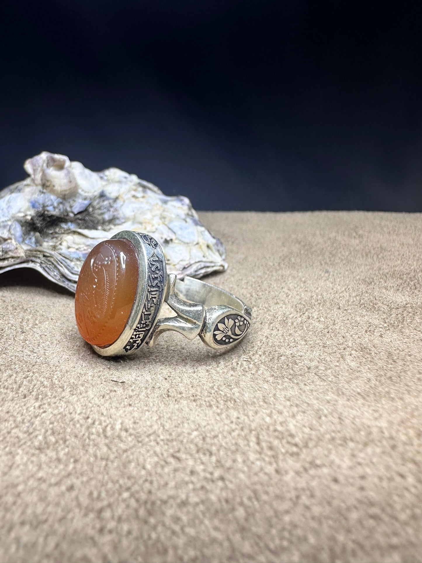 YEMENI ORANGE AQEEQ STERLING SILVER RING FOR MEN لبيك يا حسين