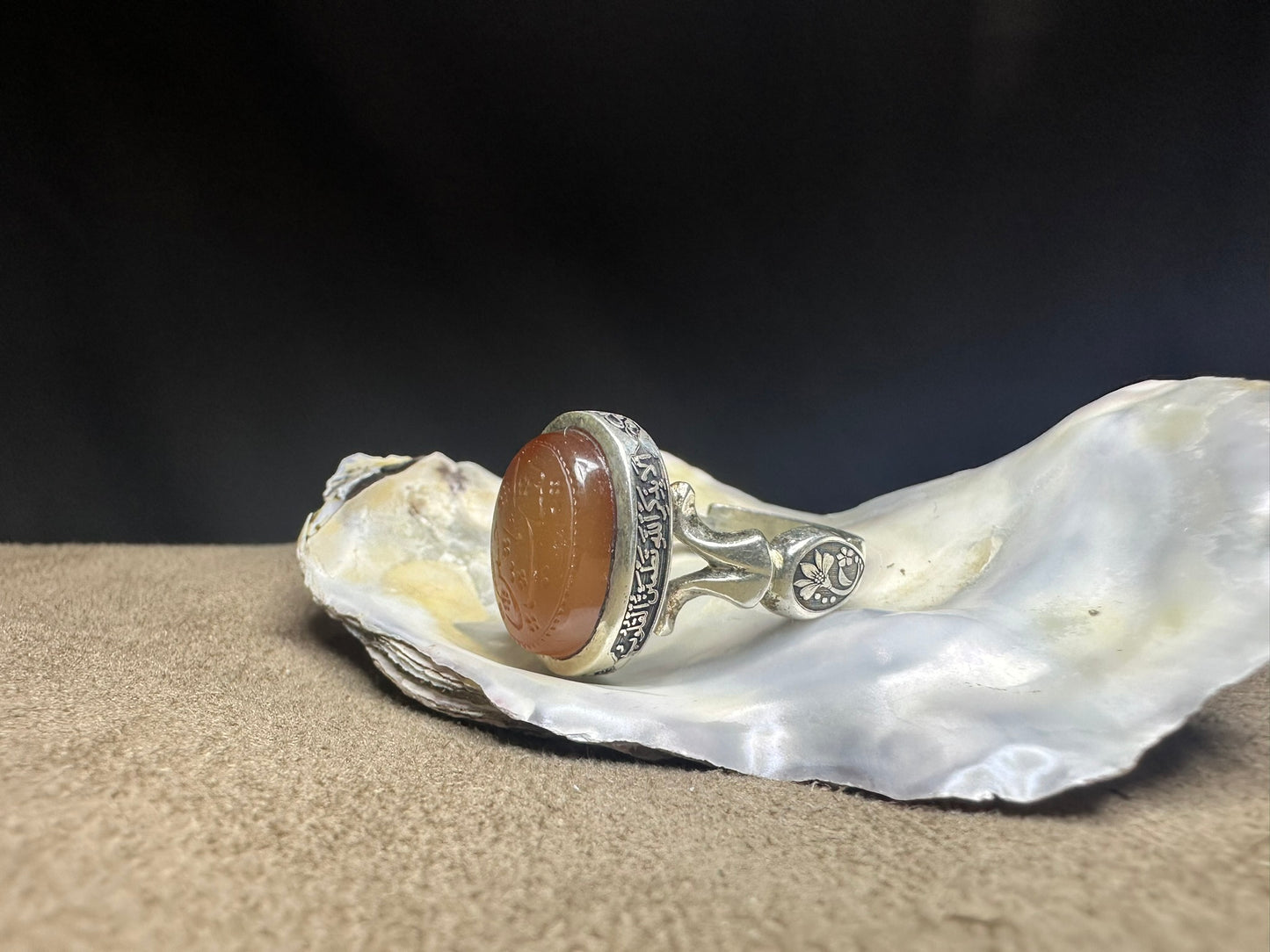 YEMENI ORANGE AQEEQ STERLING SILVER RING FOR MEN لبيك يا حسين