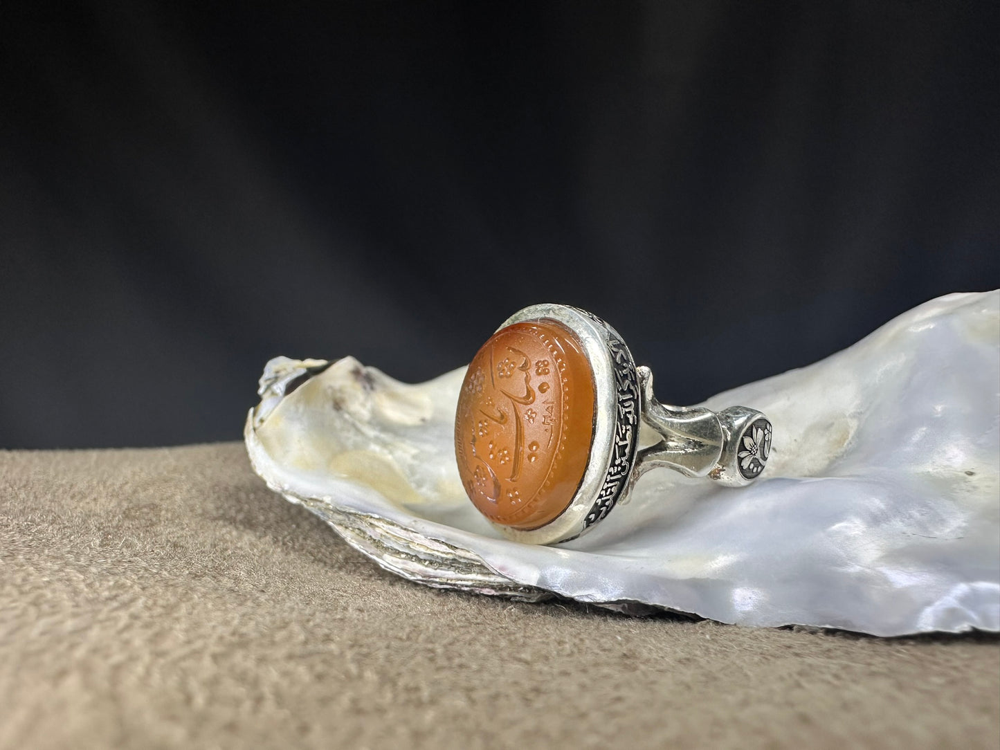 YEMENI ORANGE AQEEQ STERLING SILVER RING FOR MEN لبيك يا حسين