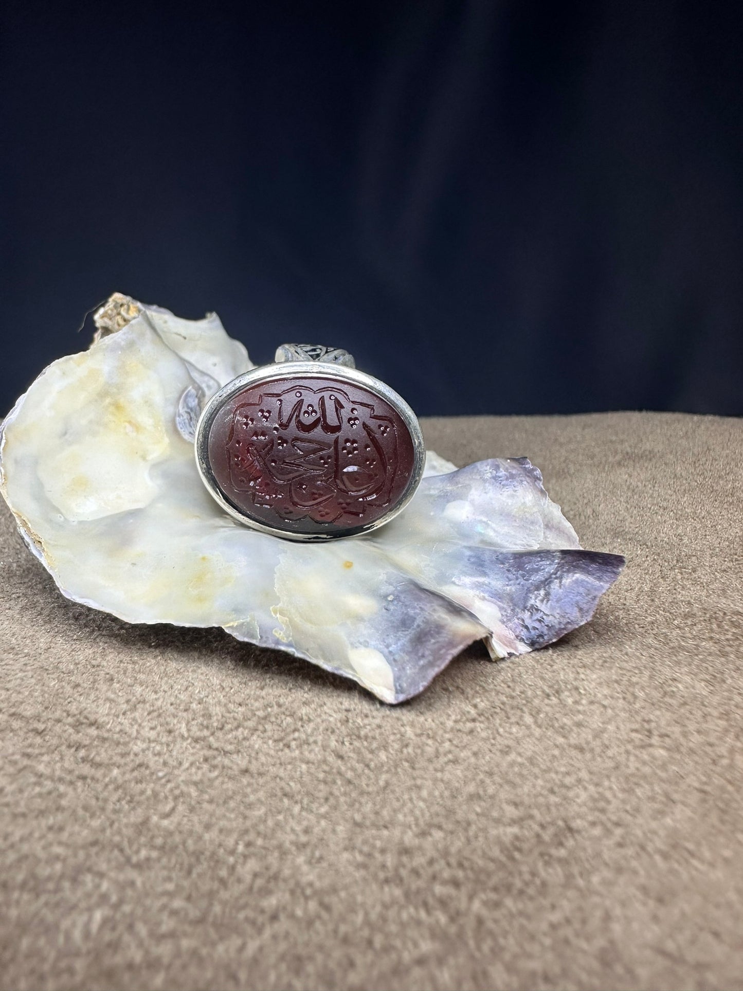 Yemeni Brown Aqeeq Sterling Ring علي حجة الله Inscription (Men)