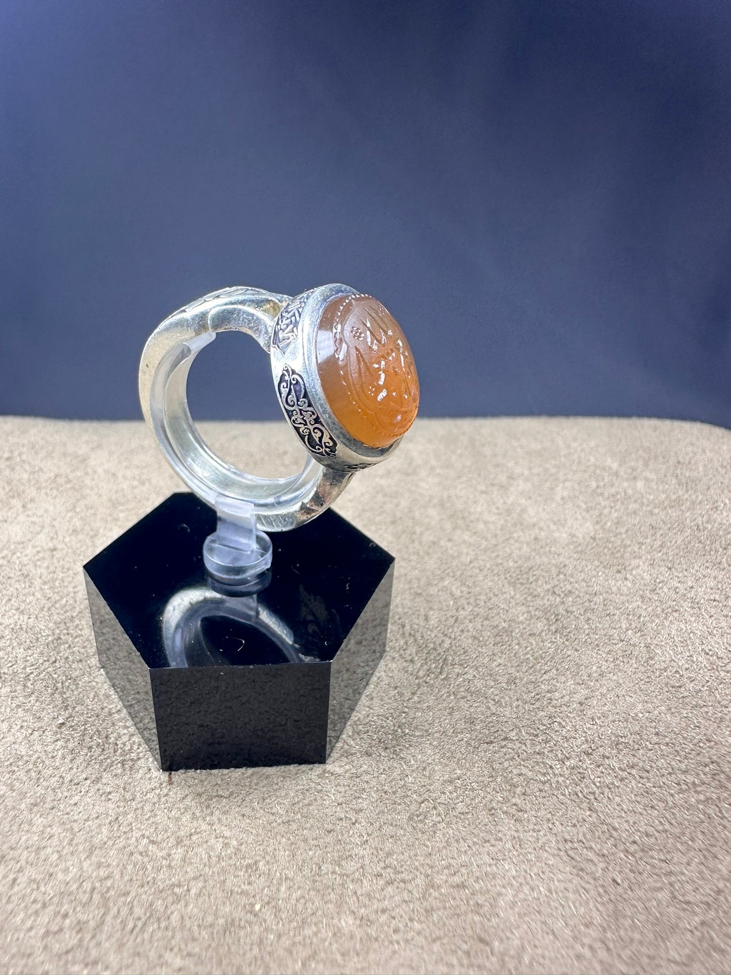 YEMENI ORANGE AQEEQ STERLING SILVER RING FOR MEN العزة لله