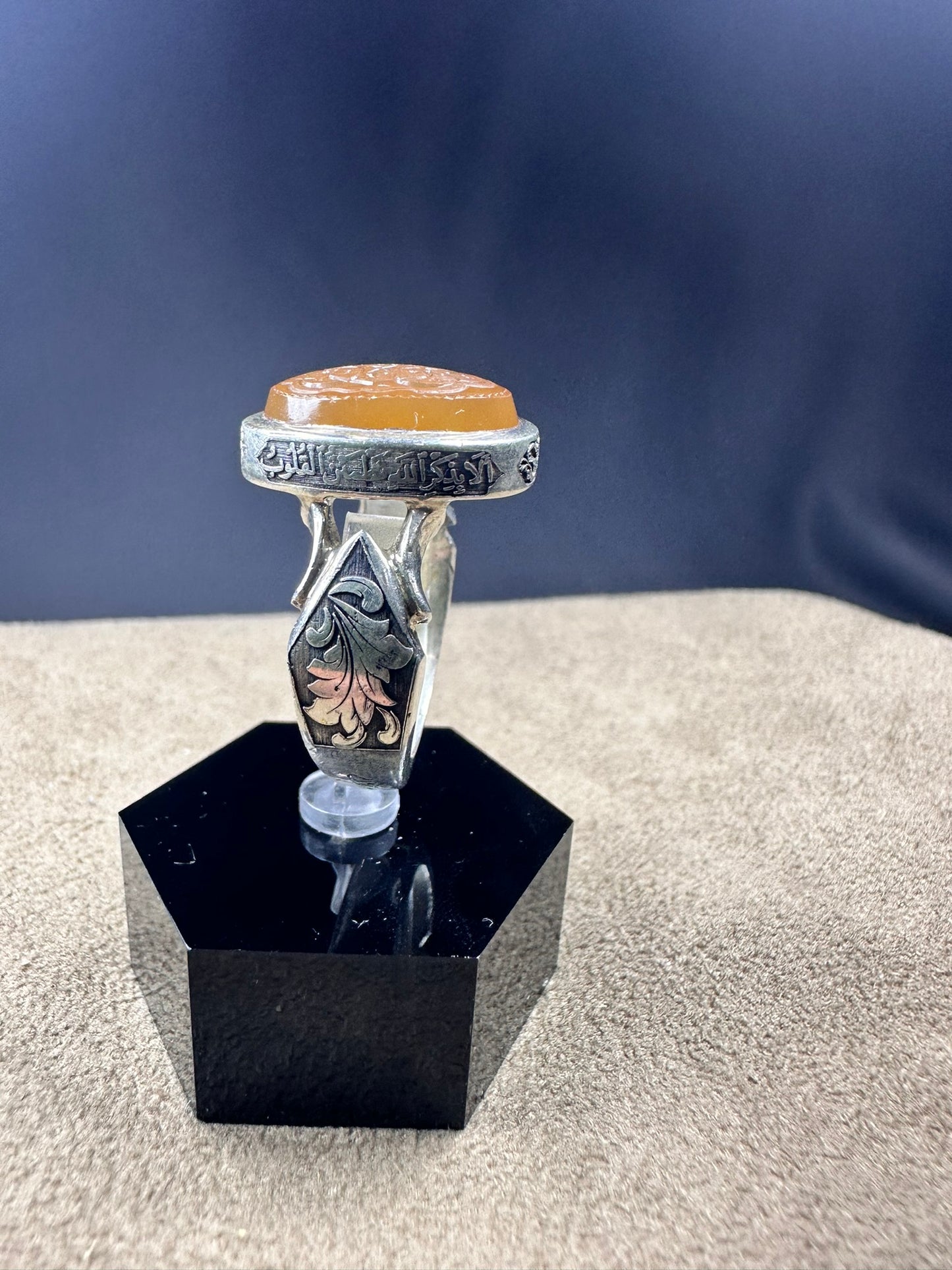 YEMENI ORANGE AQEEQ STERLING SILVER RING FOR MEN العزة لله