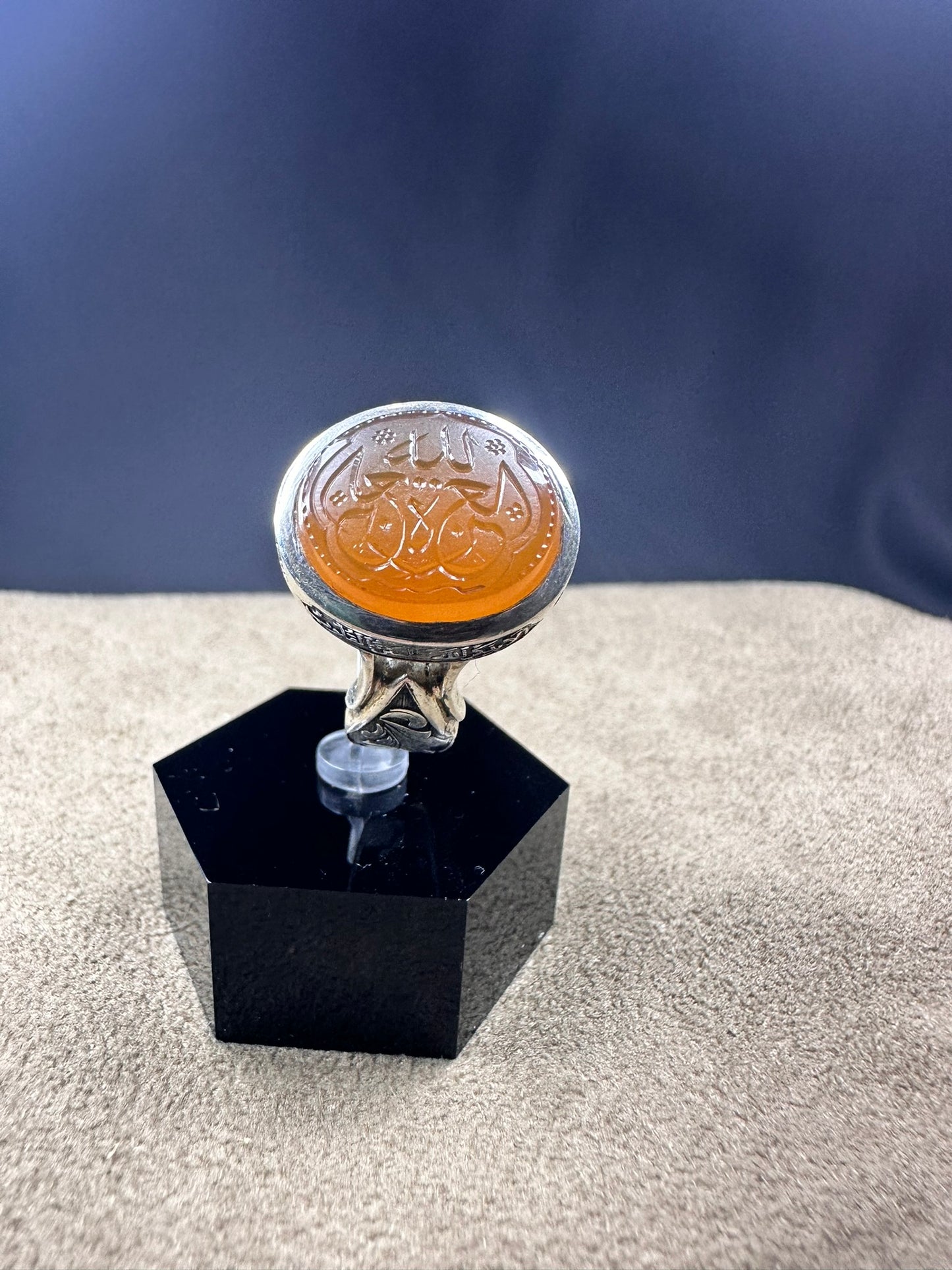 YEMENI ORANGE AQEEQ STERLING SILVER RING FOR MEN العزة لله