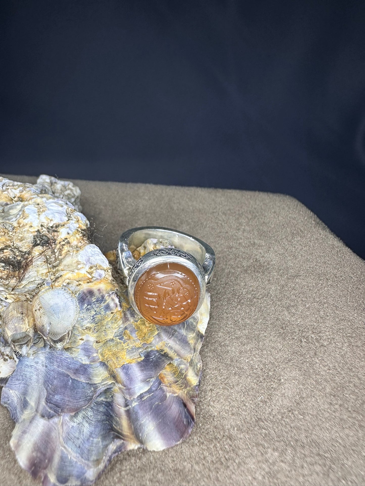 YEMENI ORANGE AQEEQ STERLING SILVER RING FOR MEN العزة لله