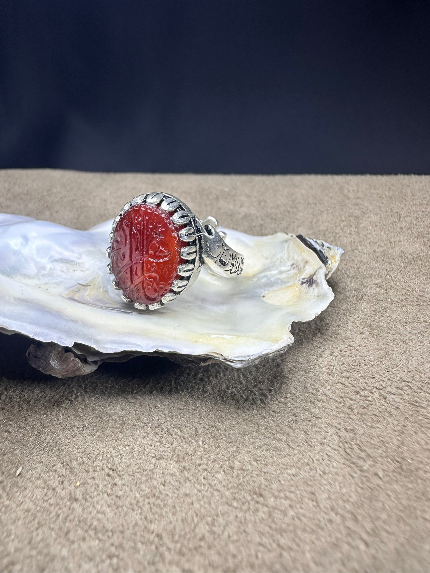 YEMENI RED AQEEQ STERLING SILVER RING FOR MEN FREE SIZE يا زهراء