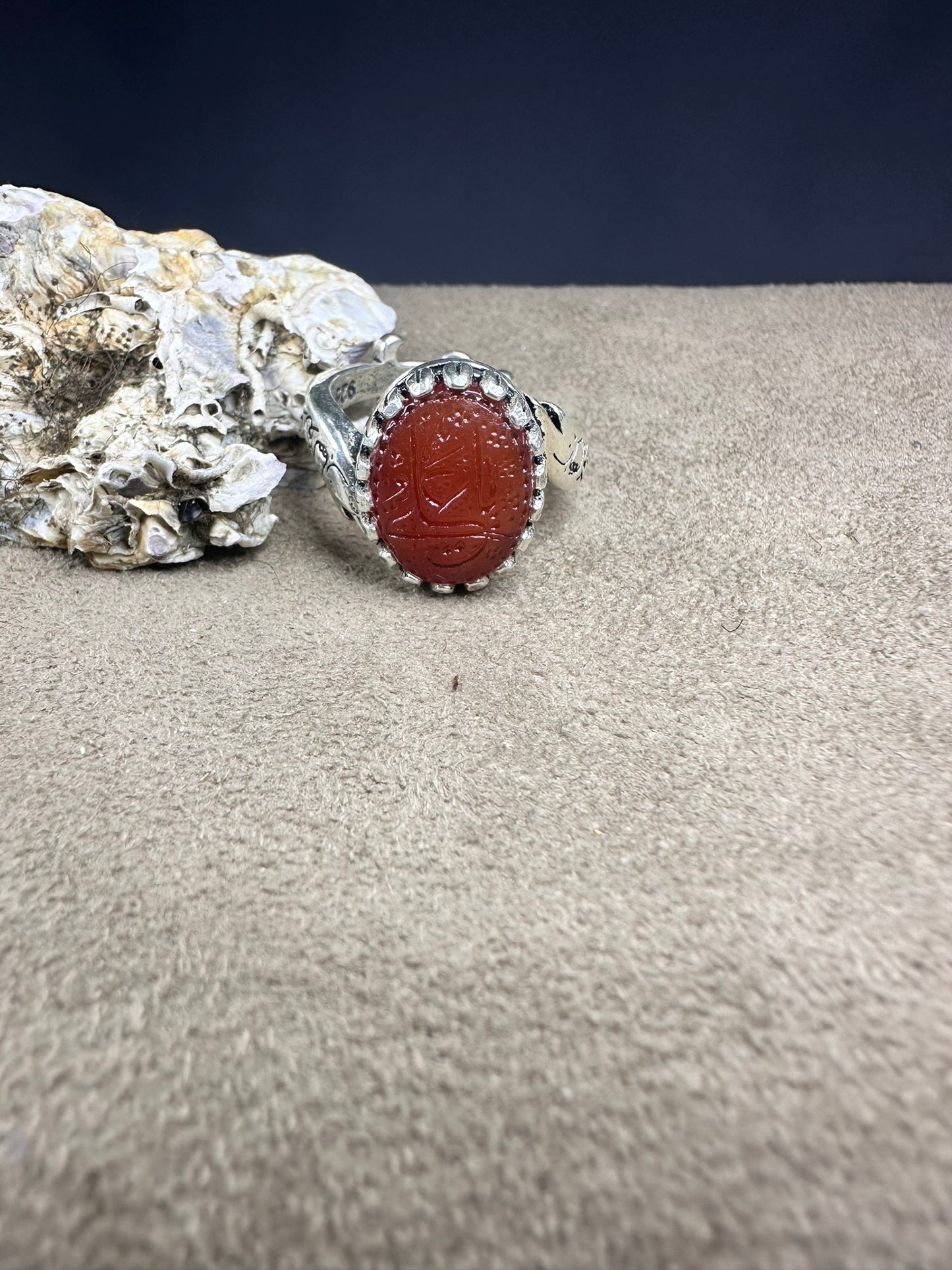 YEMENI ORANGE AQEEQ STERLING SILVER RING FOR MEN FREE SIZE يا علي