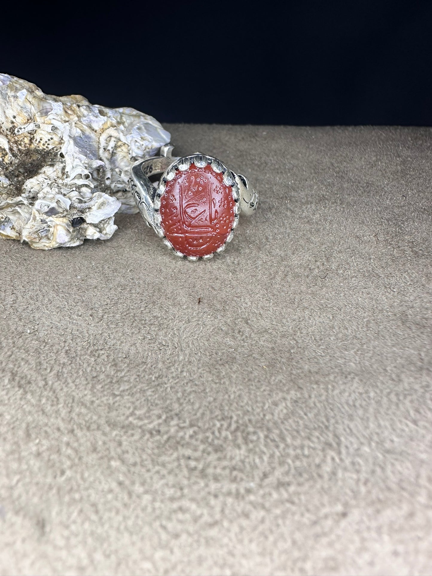 YEMENI ORANGE AQEEQ STERLING SILVER RING FOR MEN FREE SIZE يا علي